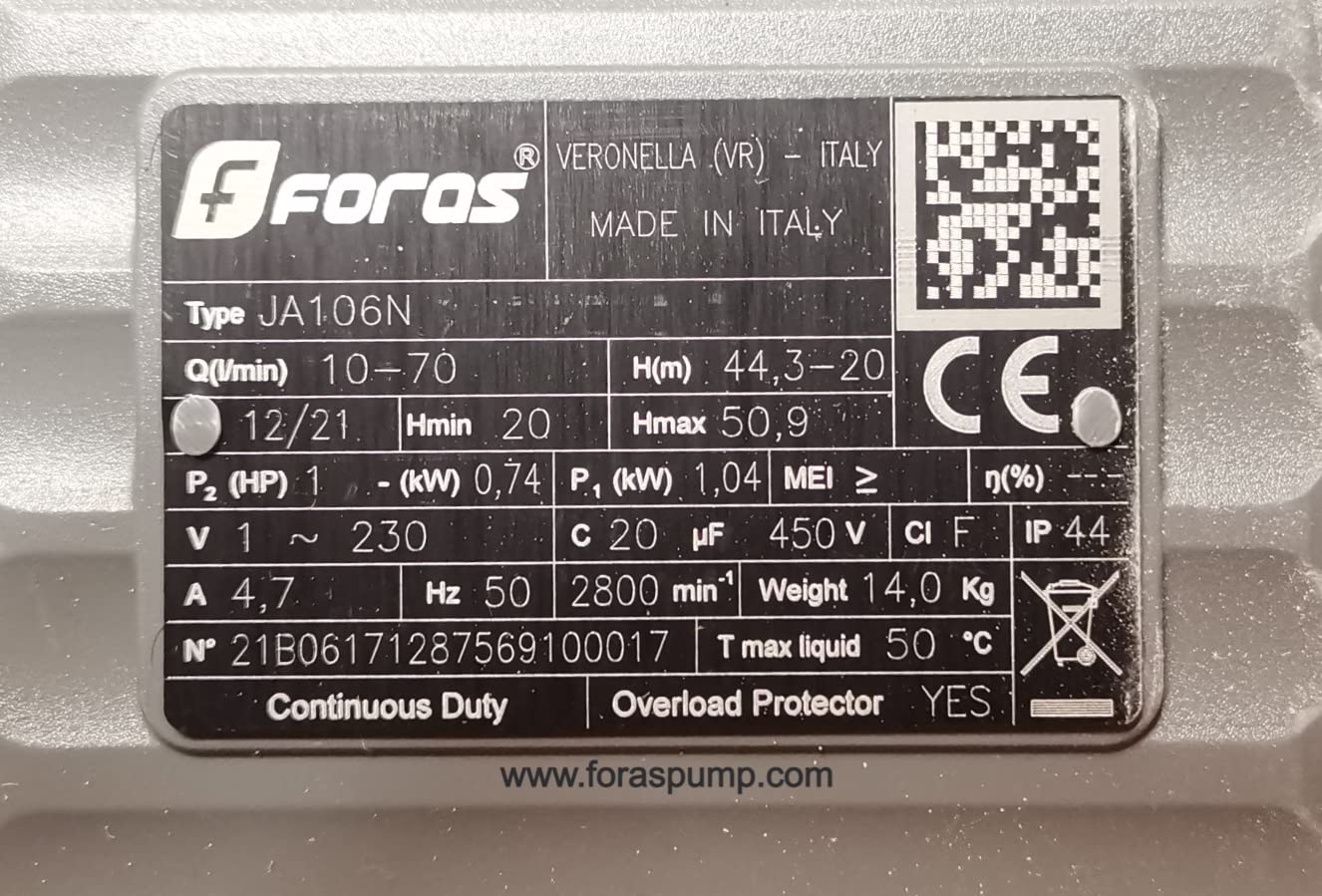FORAS JA106N - Bomba centrífuga eléctrica autoaspirante, fabricada en Italia, funcionamiento continuo, 230 V, 1,0 kW, máx. 70 l/min, 51-20 m
