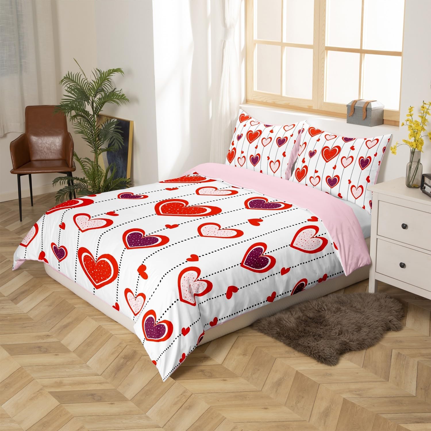 Castle Fairy Heart Print Duvet Cover Set Toddler Size,Romantic Valentine's Day White Reversible Quilt Cover for Kids Boys Girls Colorful Dots Stripes Bedding Set with 1 Pillowcase,No Comforter