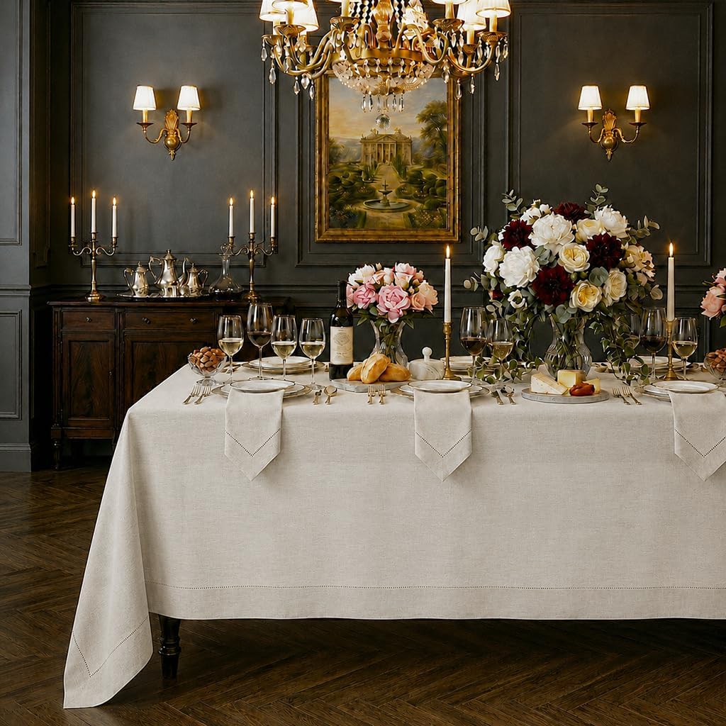 Signature Linen™ by D'Moksha, Light Natural Tablecloth, Rectangle Tablecloth 60 x 84 Inch, 100% Pure Linen, Hemstitch, Machine Washable Table Cloth for Dining- Fall, Weddings, Outdoor Hosting