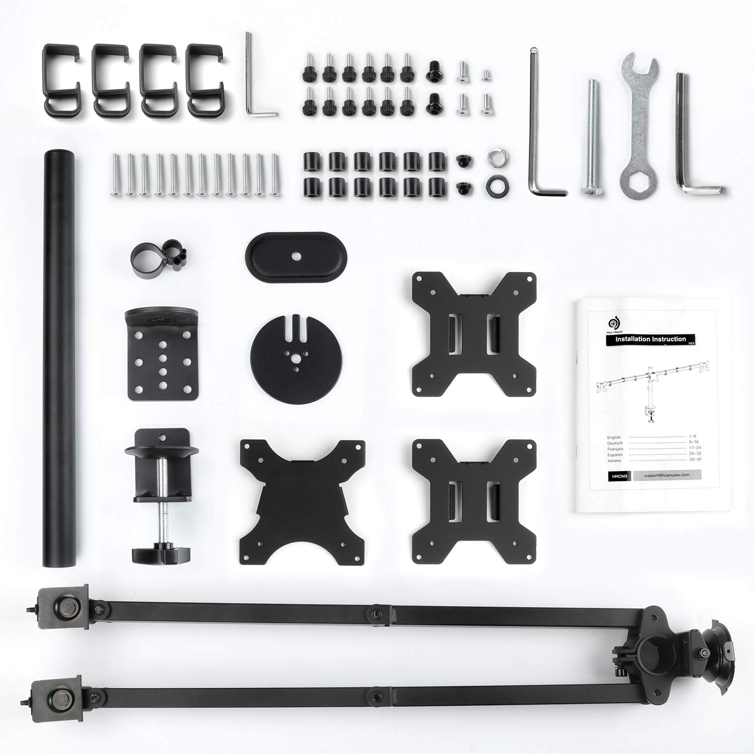 HUANUO Support 3 Ecran PC, Bras pour 3 Moniteurs de 13-24", Triple Ecran, 10KG Chaque, Facile à Installer, Réglable en Hauteur, 2 Options de Montage, VESA 75/100 mm