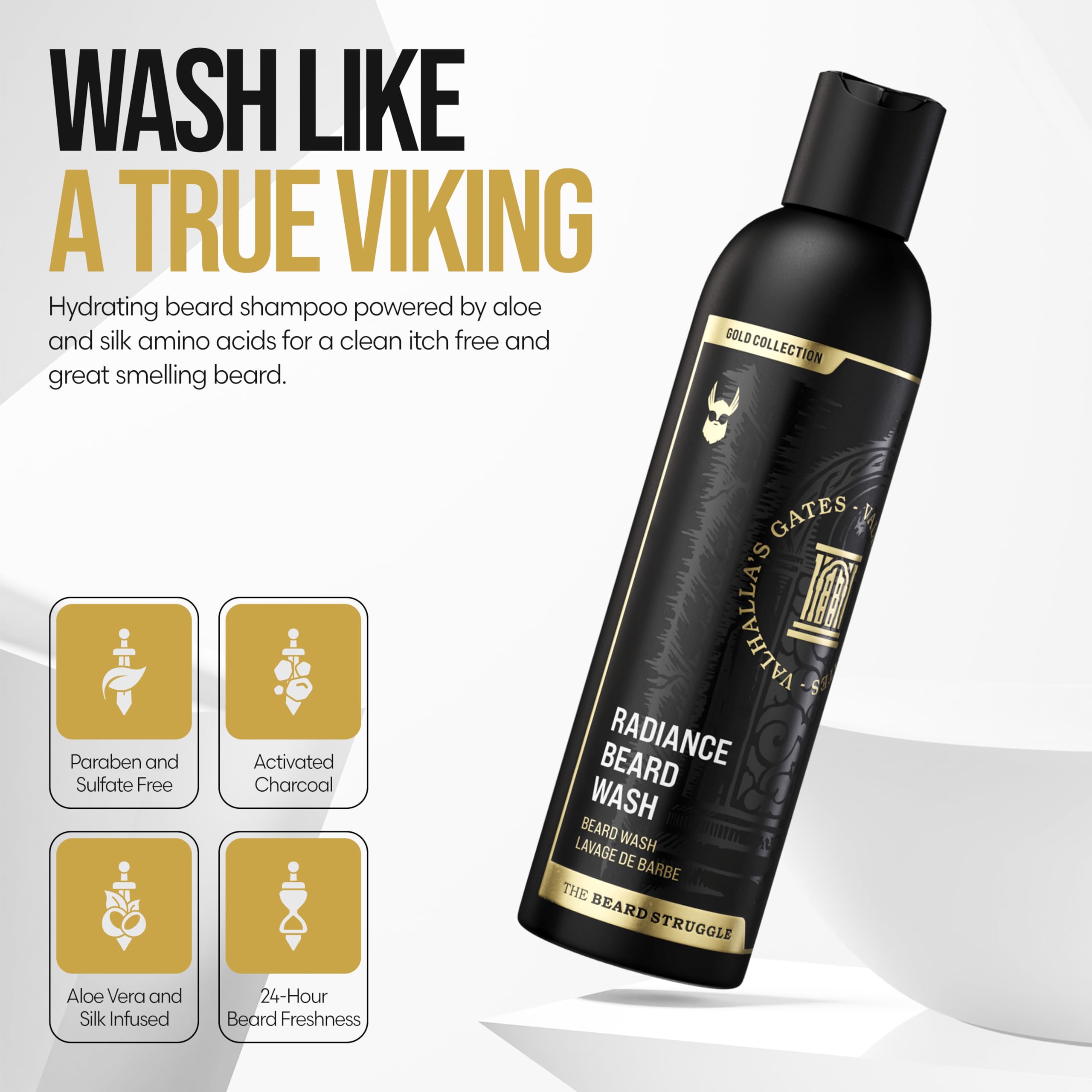 The Beard Struggle - Radiance Beard Wash - Gold Collection, Valhalla's Gates - Deterge, nutre e ammorbidisce la barba - Viking Beard Wash for Men (240 ml)