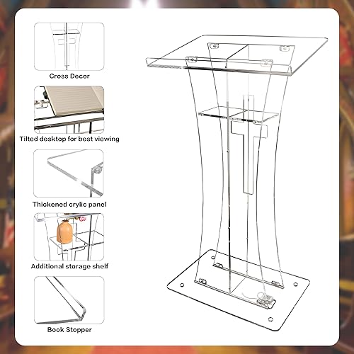 Miniatura 8 de Púlpito de iglesia con ruedas, podio acrílico LED transparente y plataforma de lectura vertical, elegante atril de 46 pulgadas para iglesia y aulas