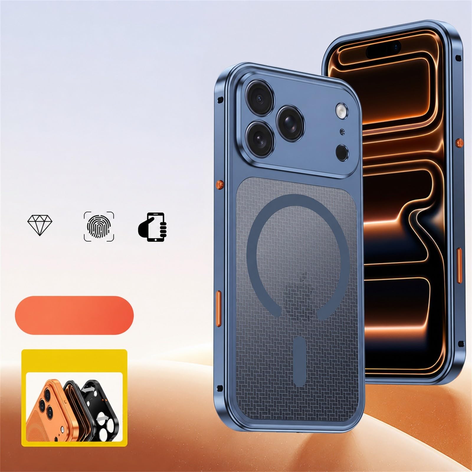 Generic Funda compatible con iPhone 15 Pro (color: azul), carcasa magnética de metal con marco de parachoques y cubierta trasera de disipación de calor