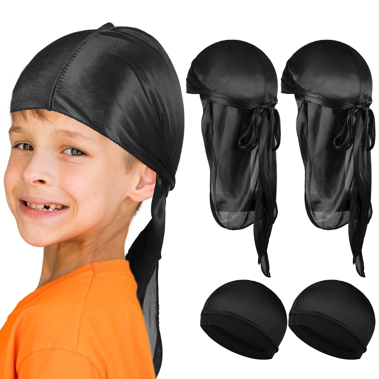 Wanmu 4Pcs Kids Silky Durag with Wave Caps Set, Silky Satin Durag Extra Long Tails, Long Tail and Wide Strap Headwraps - Image 4