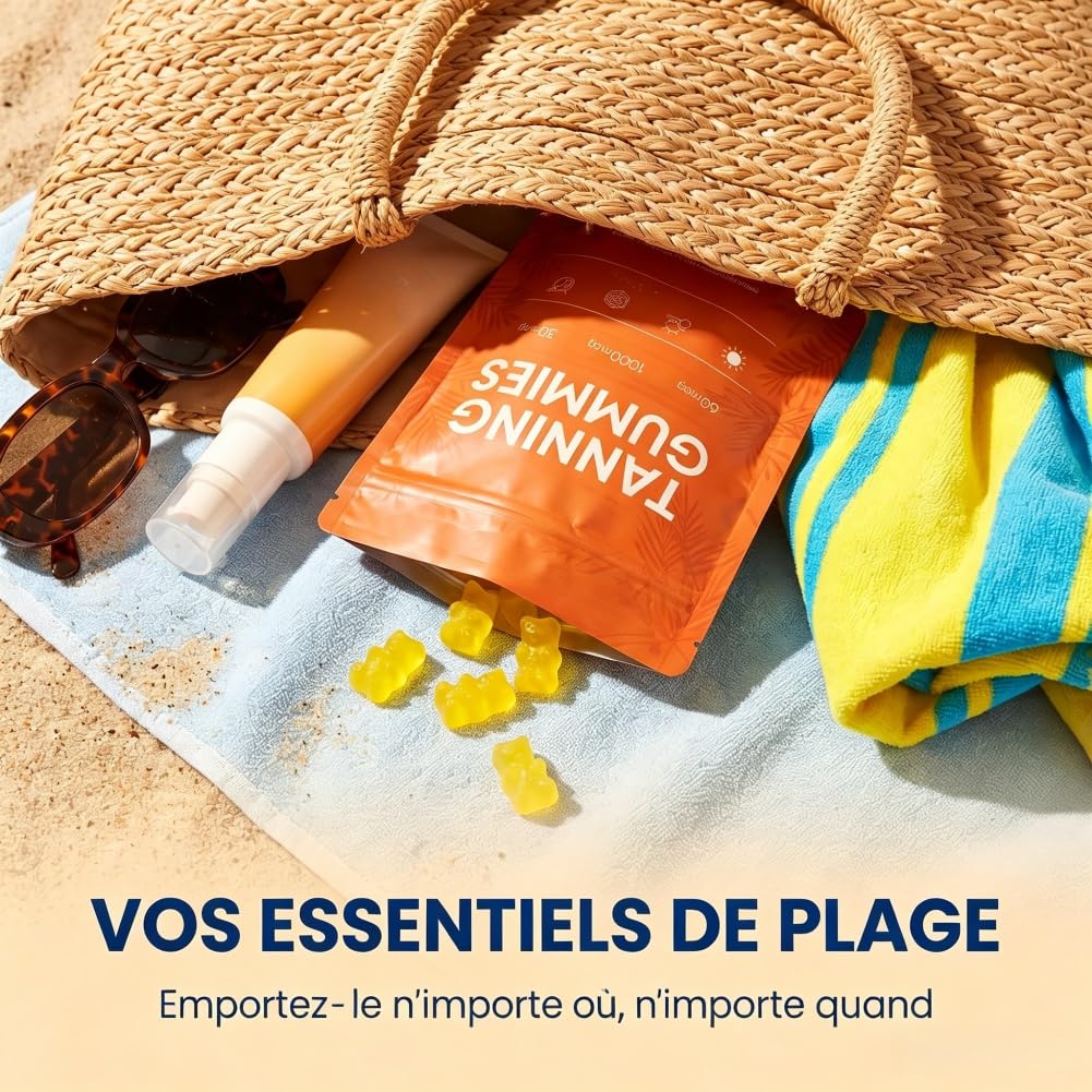 Gummies Autobronzant,90pc Gommes de Bronzage de Peau,Mélange bêta-C-arotène et L-Ycopène, Améliore le Teint Naturel de la Peau