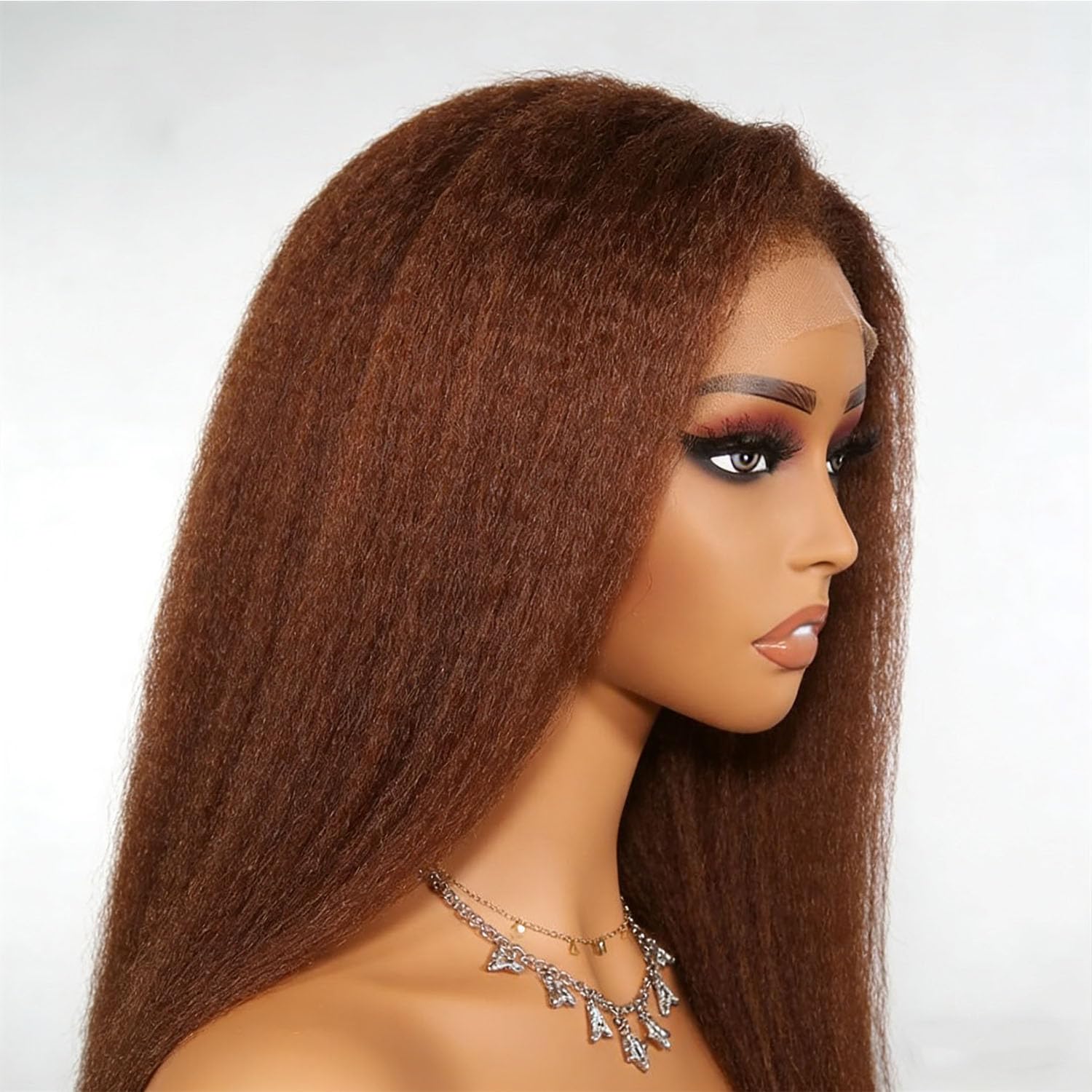 Brown Kinky Straight Wigs Human Hair 13x4 Lace Front Wigs Human Hair Pre Plucked Invisible Knots Chestnut Brown Yaki Straight Brazilian Hair Glueless Wig 14 Inch
