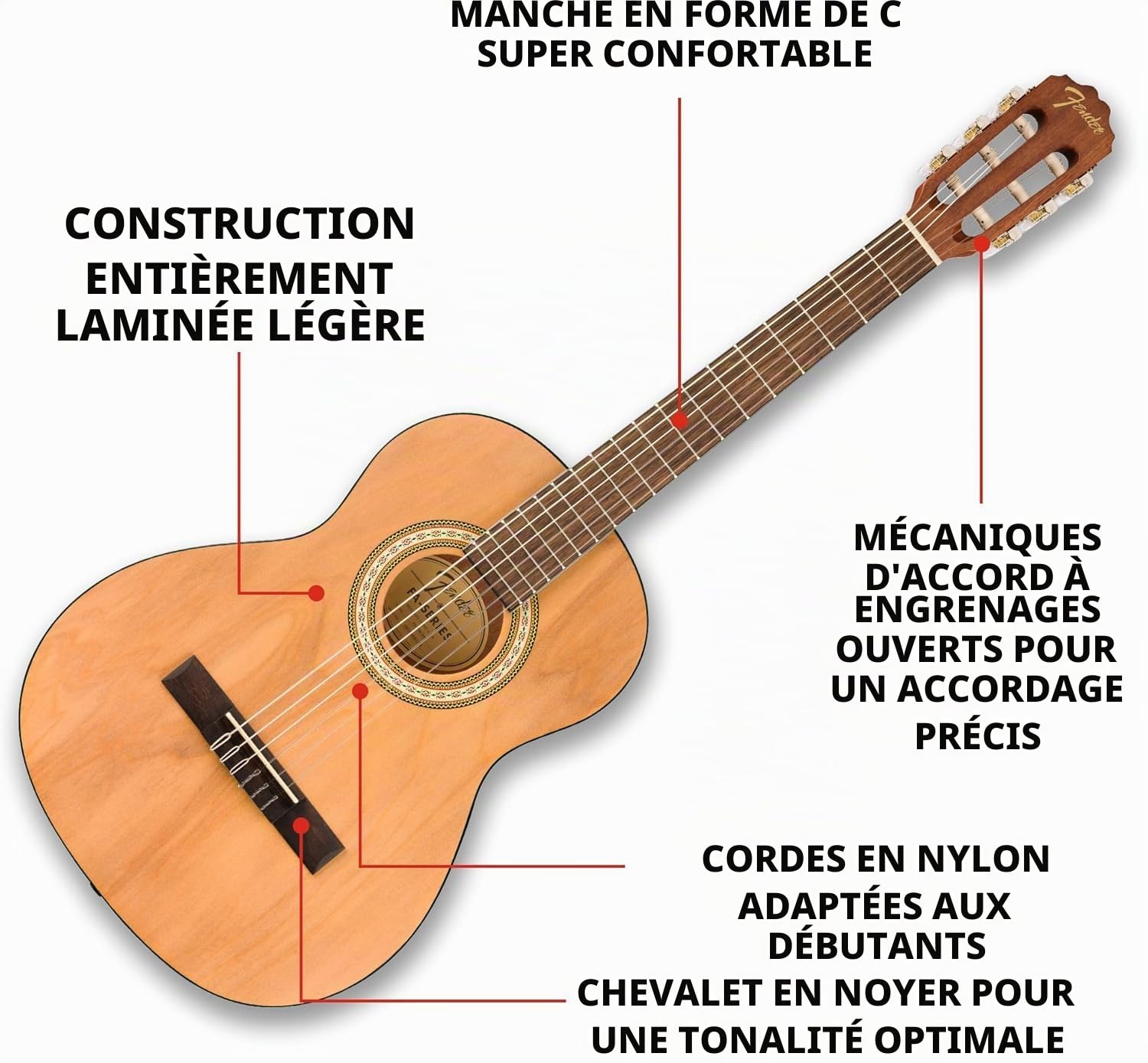 Fender Classic Design CN-25 à cordes en nylon, touche en noyer à échelle courte, guitare acoustique classique taille 3/4, naturelle. Idéal pour les débutants