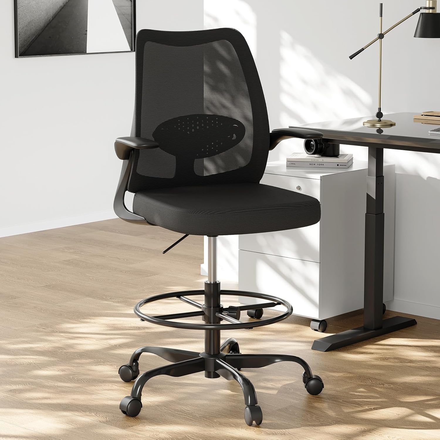 Tall Drafting Chair for Standing Desk, Adjustable Height Office Drafting Chair with Foot Ring, Ergonomic Lumbar Support, Flip-Up Armrests, High Desk Chair for Home Office, Black