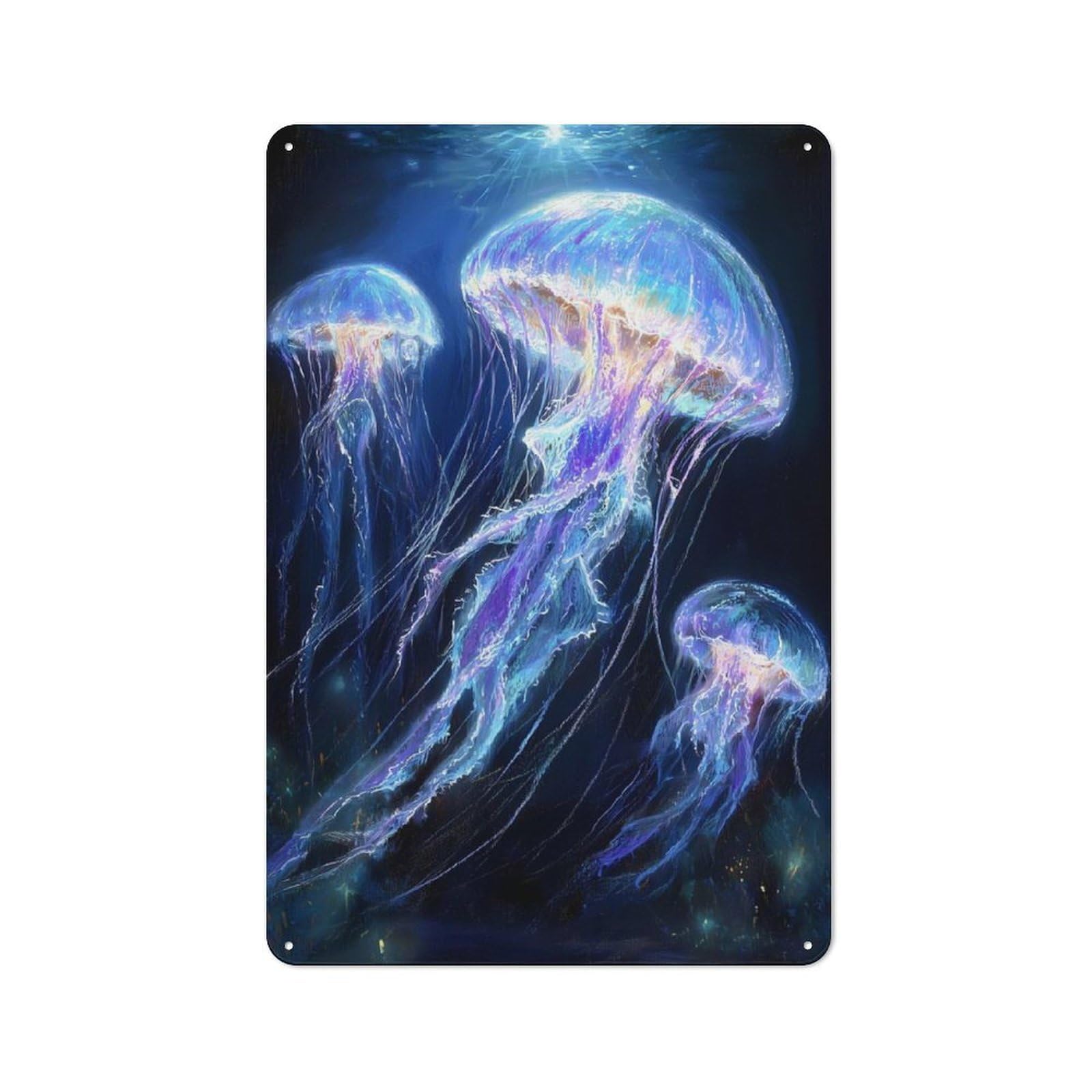 30x20cm Retro-style Tin Sign with Bioluminescent Jellyfish in Deep Ocean for Café Or Home Bar, for Metal Sign Collectors, for Garage And Workshop Walls