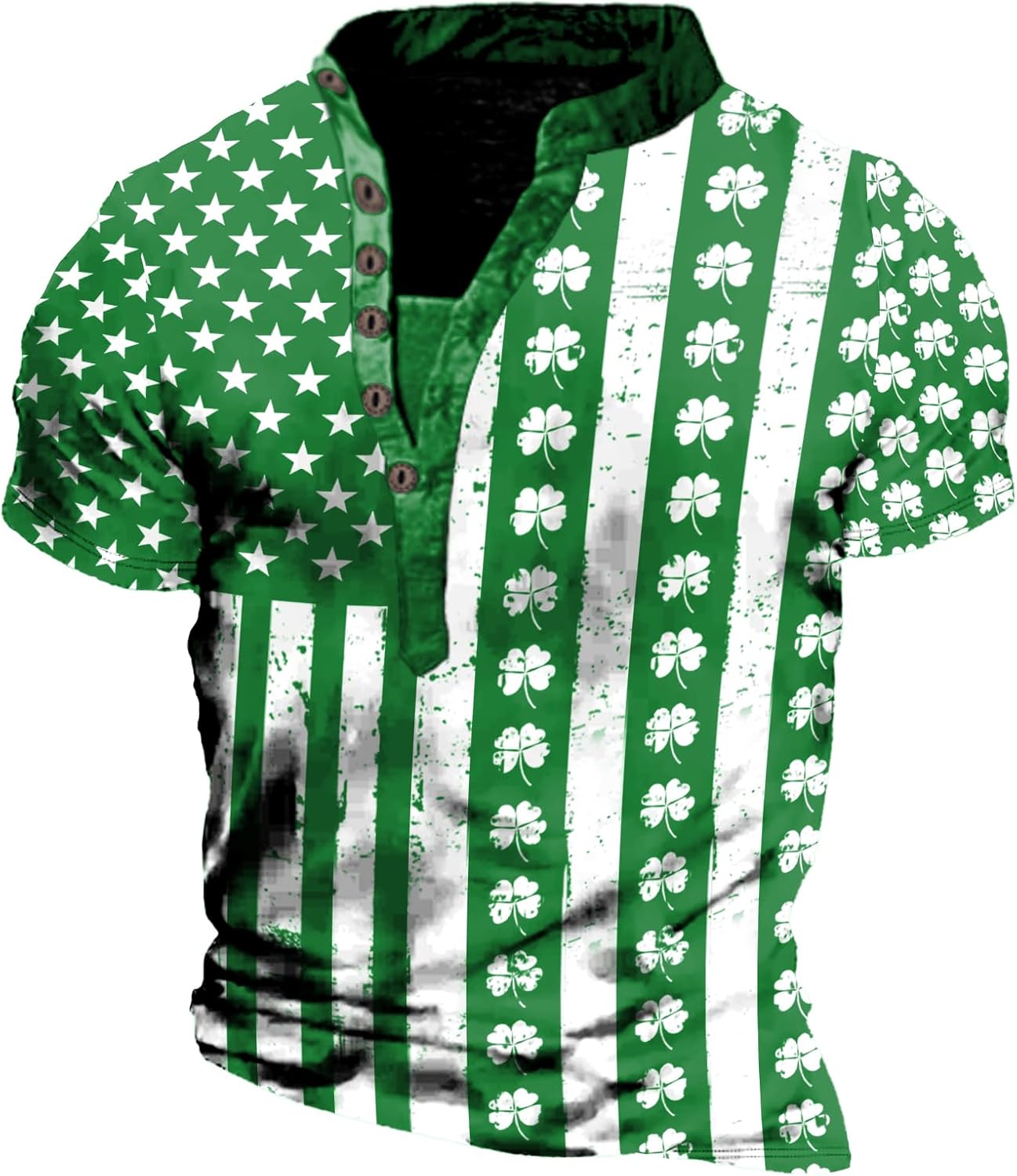 St Patricks Day Shirt Men Clover Print Henley Short Sleeve Pullover Half Button Casual Gym Workout Slim Fit Tshirt