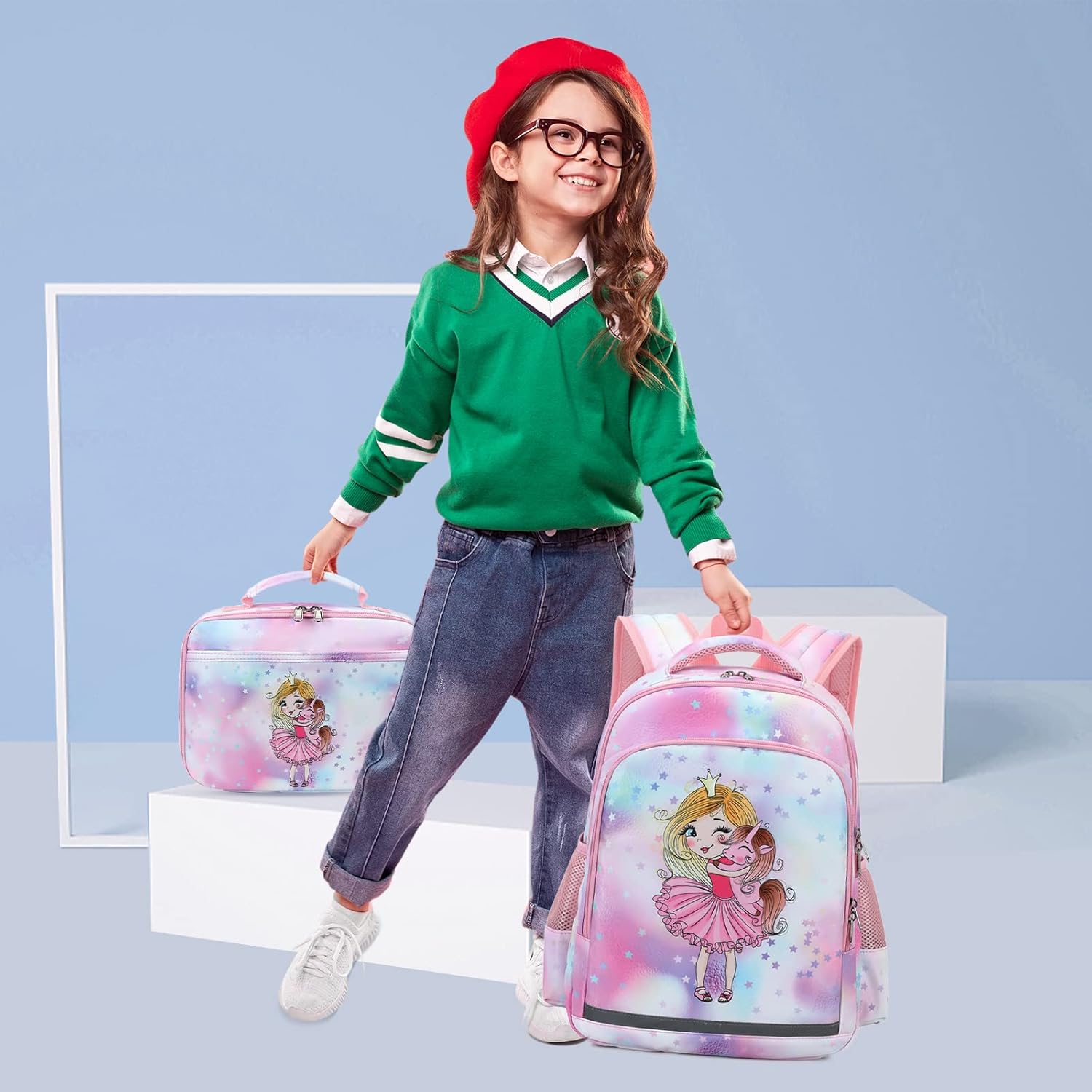 YCBB Kids Backpacks for Girls Princess & Unicorn School Backpack Set with Lunch Tote Bag Lightweight Preschool Kindergarten Elementary School Backpacks
