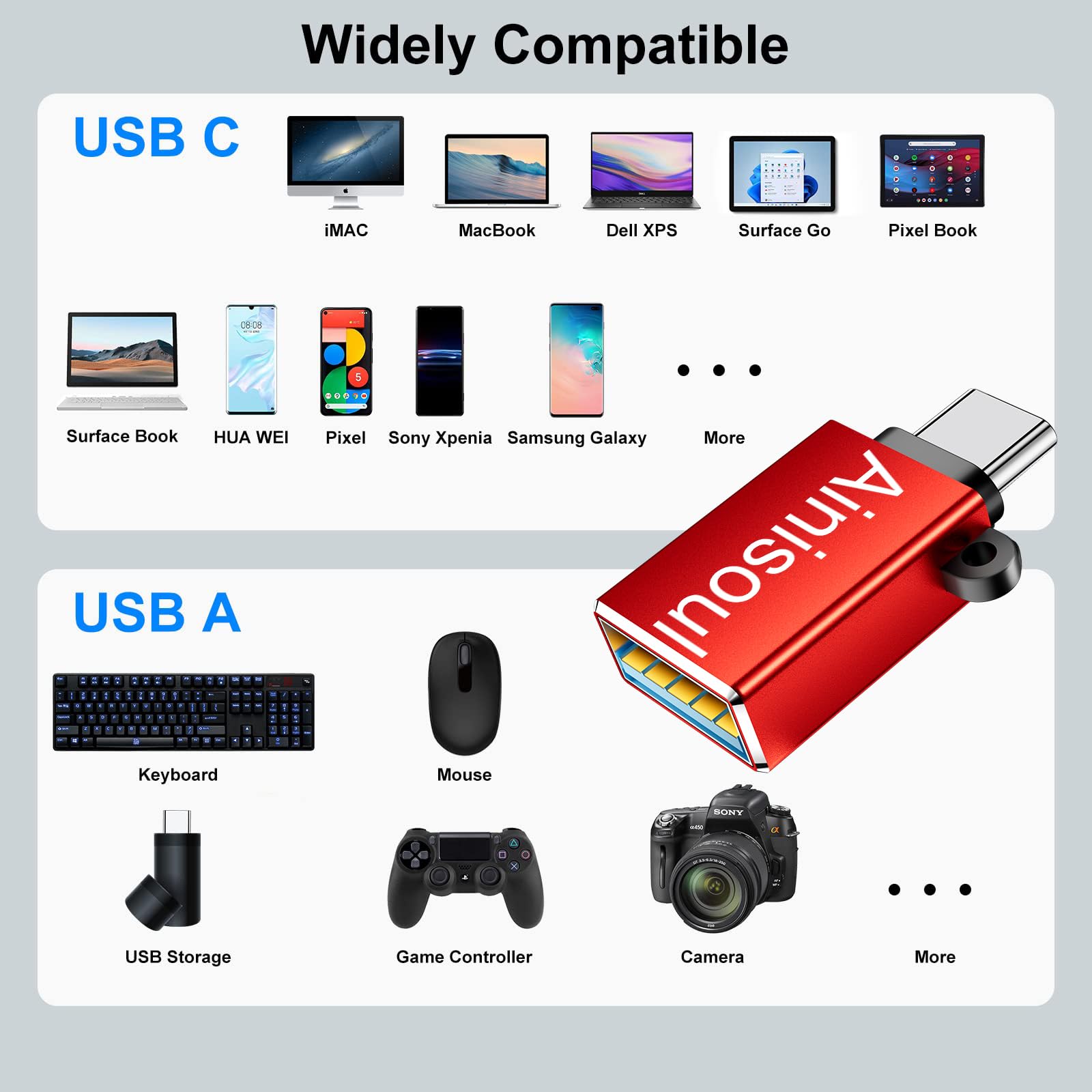 Adaptery USB C, 8 sztuk, adapter USB C na USB A, USB C męski na USB 3.0 żeński, adapter USB C na USB, konwerter kabli USB C na USB do iPhone'a 15, MacBooka Pro, iPada Pro i innych, czerwony