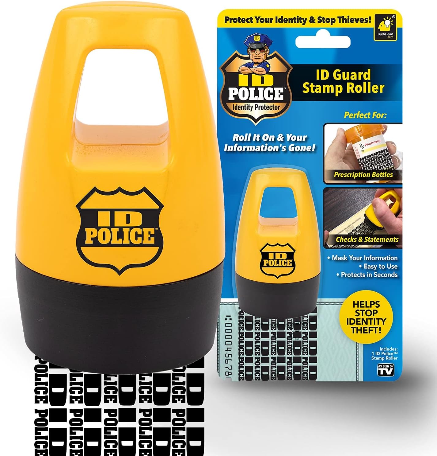 ID Police, AS-SEEN-ON-TV, Identity Theft Protection Stamp Roller, Fast, Easy, Mess-Free, Self-Inking, Just Roll To Hide Personal Info on Statements, Checks & More, Secures Your ID & Helps STOP thieves