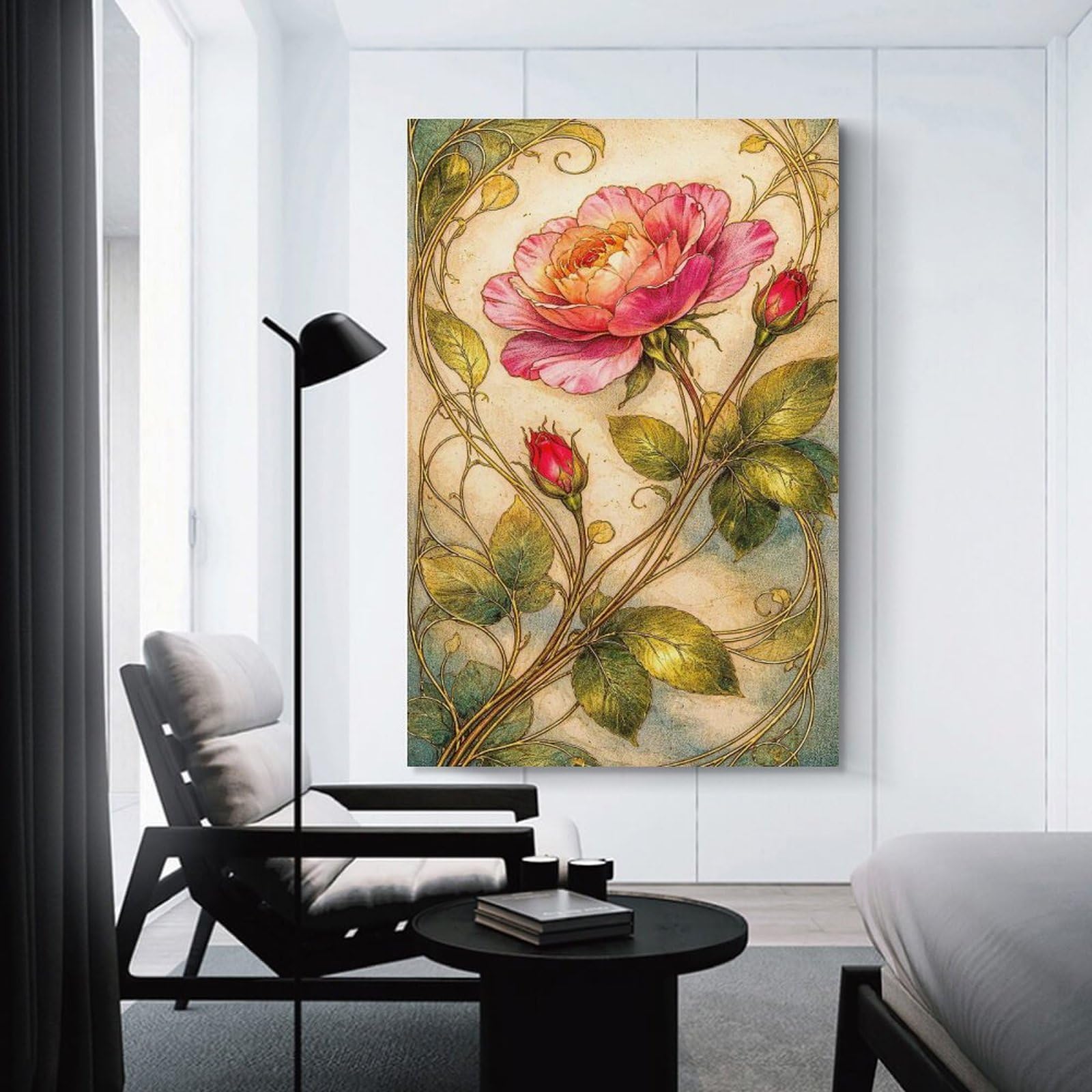 Junmoney Canvas Wall Picture Art Nouveau Rose And Buds, 20x30inch(50x75cm), for Office, Study Or Home Workspace, Canvas Wall Decor for Creative Rooms