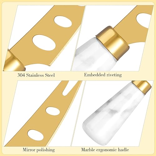 Miniatura 4 de Juego de 38 cuchillos de queso dorado con mango de mármol, espátula de mantequilla, cuchillos esparcidores de queso, cortador de queso y tenedor con