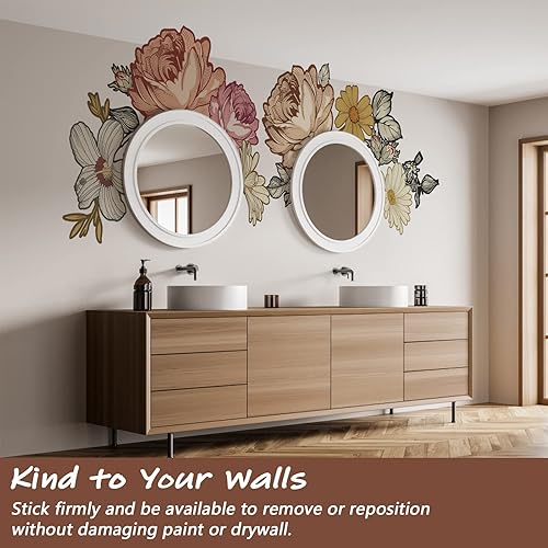 Miniatura 9 de Calcomanía de pared floral de peonía grande de 38.6 pulgadas para despegar y pegar, calcomanías de pared de flores retro, calcomanías de pared