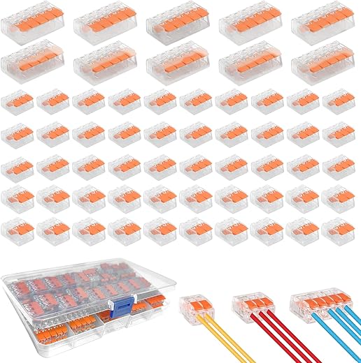 Connettori Elettrici Rapidi 60 Pezzi Morsettiere Elettriche, Compact Connettore con Leva di Comando, 2 Porte 20Pcs, 3 Porte 30Pcs, 5 Porte 10Pcs, Usato per Filo Solido, Incagliato e Flessibile