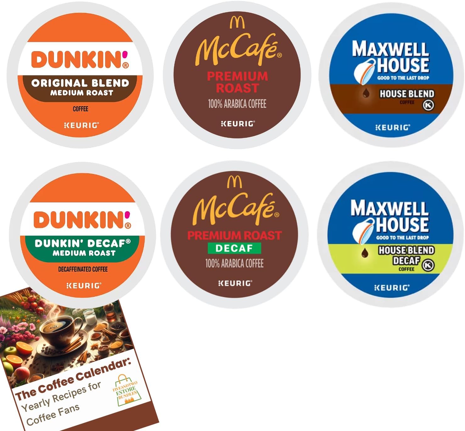 54-Pack Mixed Coffee K-Pods Variety: Dunkin Original & Decaf, McDonalds Premium Roasts, Maxwell-House Blends, Keurig-Compatible, Both Caffeinated & Decaf, Includes Coffee Recipe eBook