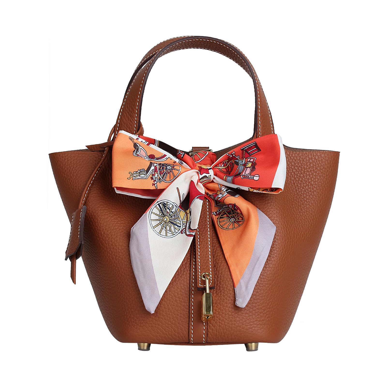 Photo 1 of ****SCARF NOT INCLUDED***
Lafillmiss Genuine Leather Bucket Bag with a Scarf for Women Handbag tote bag with metal clasp, market tote bag (Brown-gold)