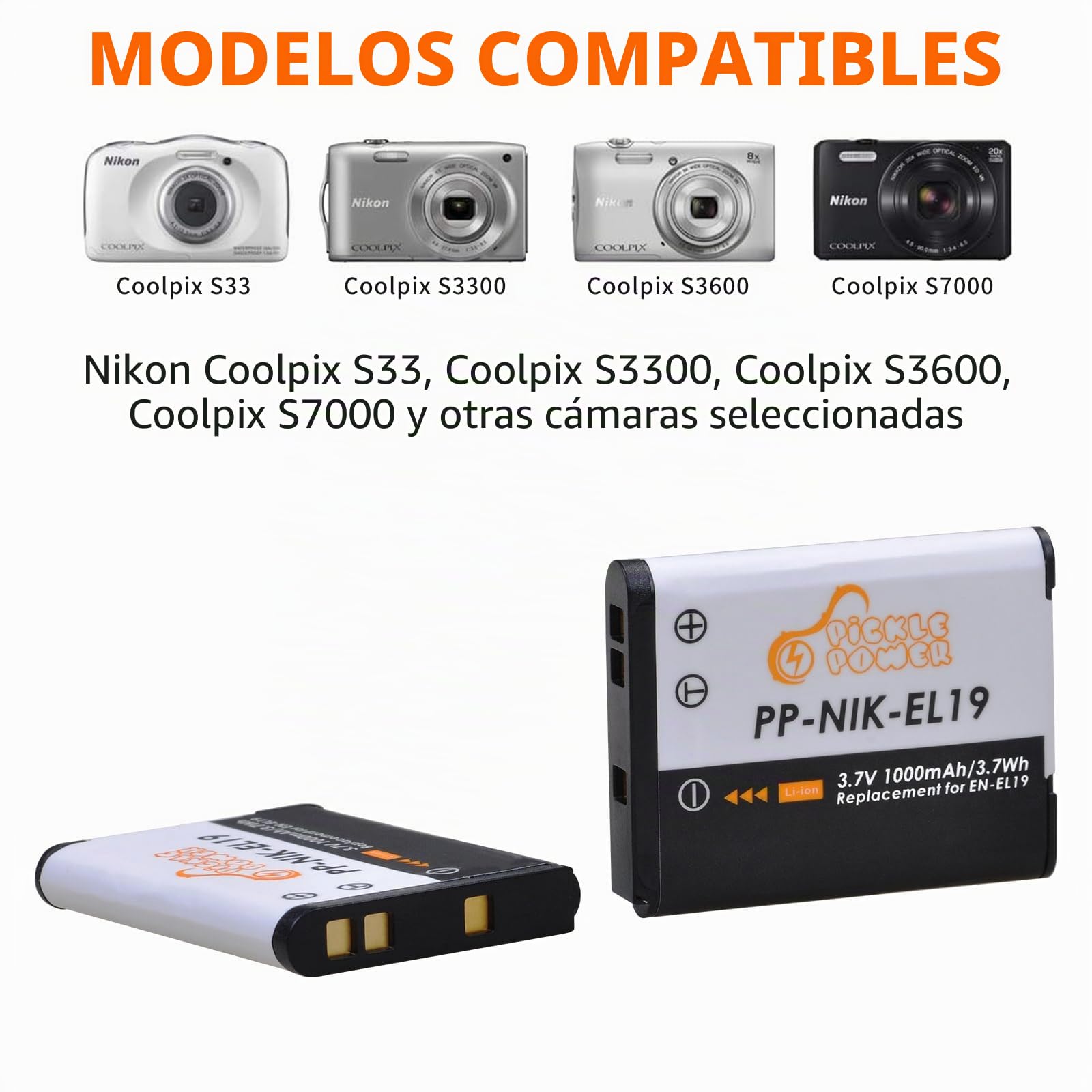 Pickle Power 2X EN-EL19 Batería & LED Doble Cargador para Coolpix S32 S33 S100 S2500 S2800 S3100 S3200 S3500 S3600 S4100 S5200 S6500 S6600 S6800 S6900