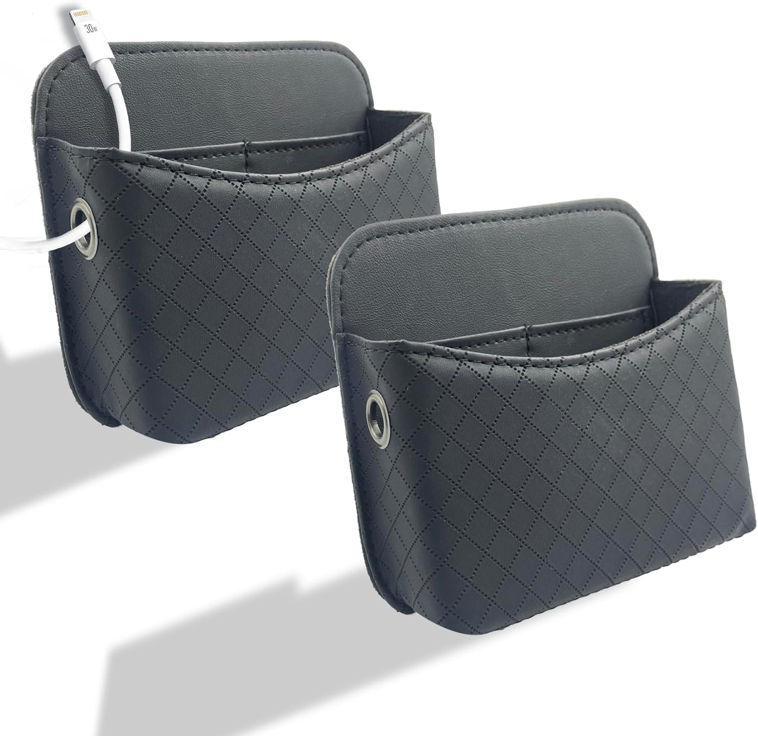 Self-Adhesive Car Seat Side Pocket Organizer with Cable Port - Black PU Leather Storage Pouch for Phone & Keys, Fits Gaps, Console & Door (2 PCS)