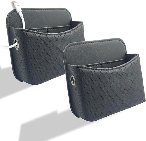 Miniatura 10 de Organizador de bolsillo lateral autoadhesivo para asiento de automóvil con puerto de cable - Bolsa de almacenamiento de cuero PU negro para teléfono