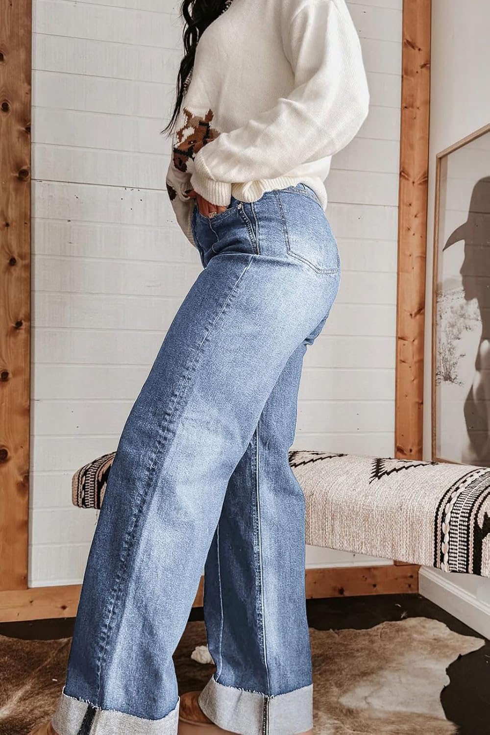 loveimgs Women High Waist Wide Leg Jeans Cuffed Denim Pants Y2k Baggy Jeans Casual Stretch Trousers Pockets Boyfriend Spring