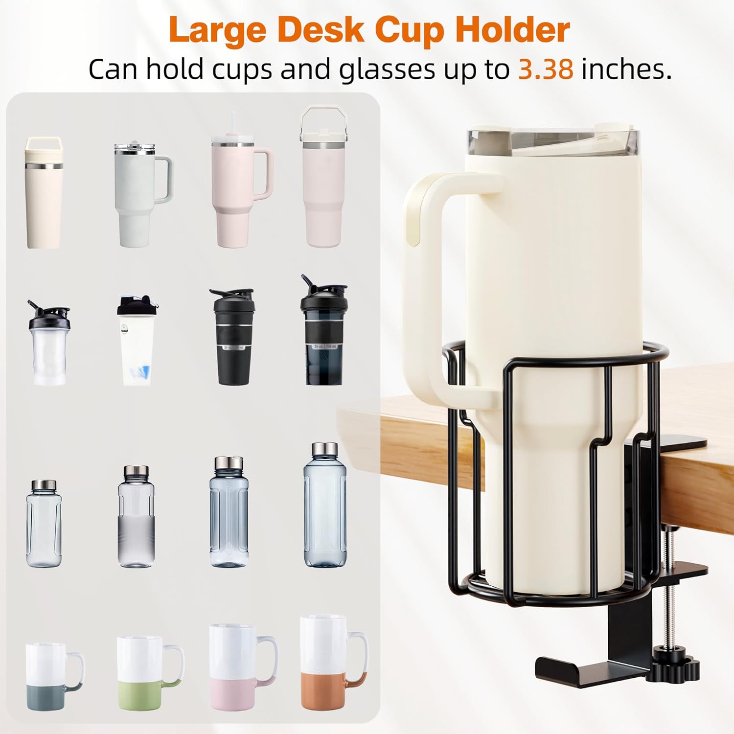 Large Desk Cup Holder, 2-in-1 Clip On Cup Holder with Headphone Hook, Heavy-Duty Metal Drink Holder for Insulated Tumblers, Big Water Bottles, Fits Office Desk Organizer, Dorm, Gaming Setup (2 Pack)