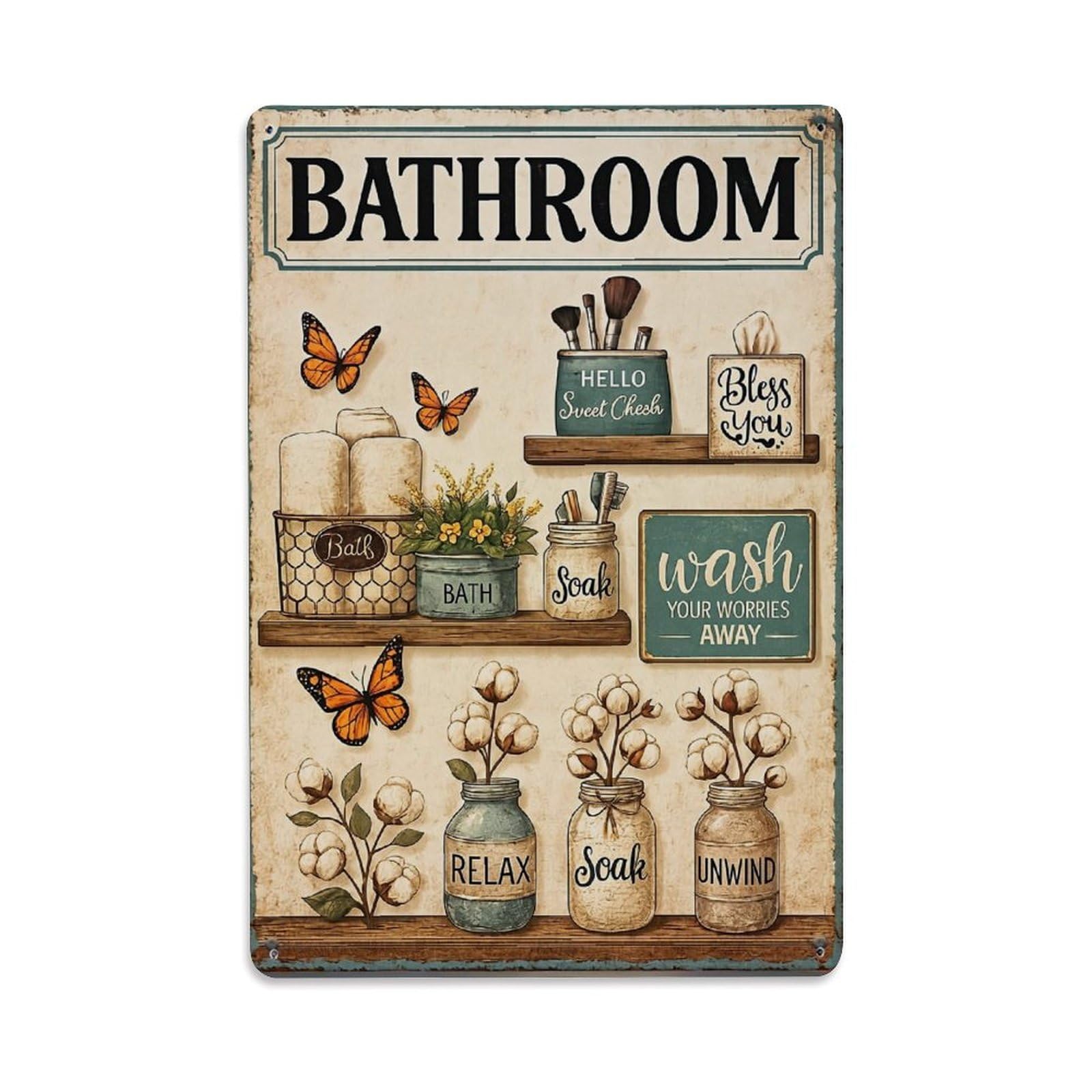 Jdfenggu Vintage Bathroom Decor With Butterflies And Jars Retro Metal Tin Sign, Metal Poster For Bar, Home, Man Cave, Kitchen, Laundry Room Art Decor 8X12 Inch