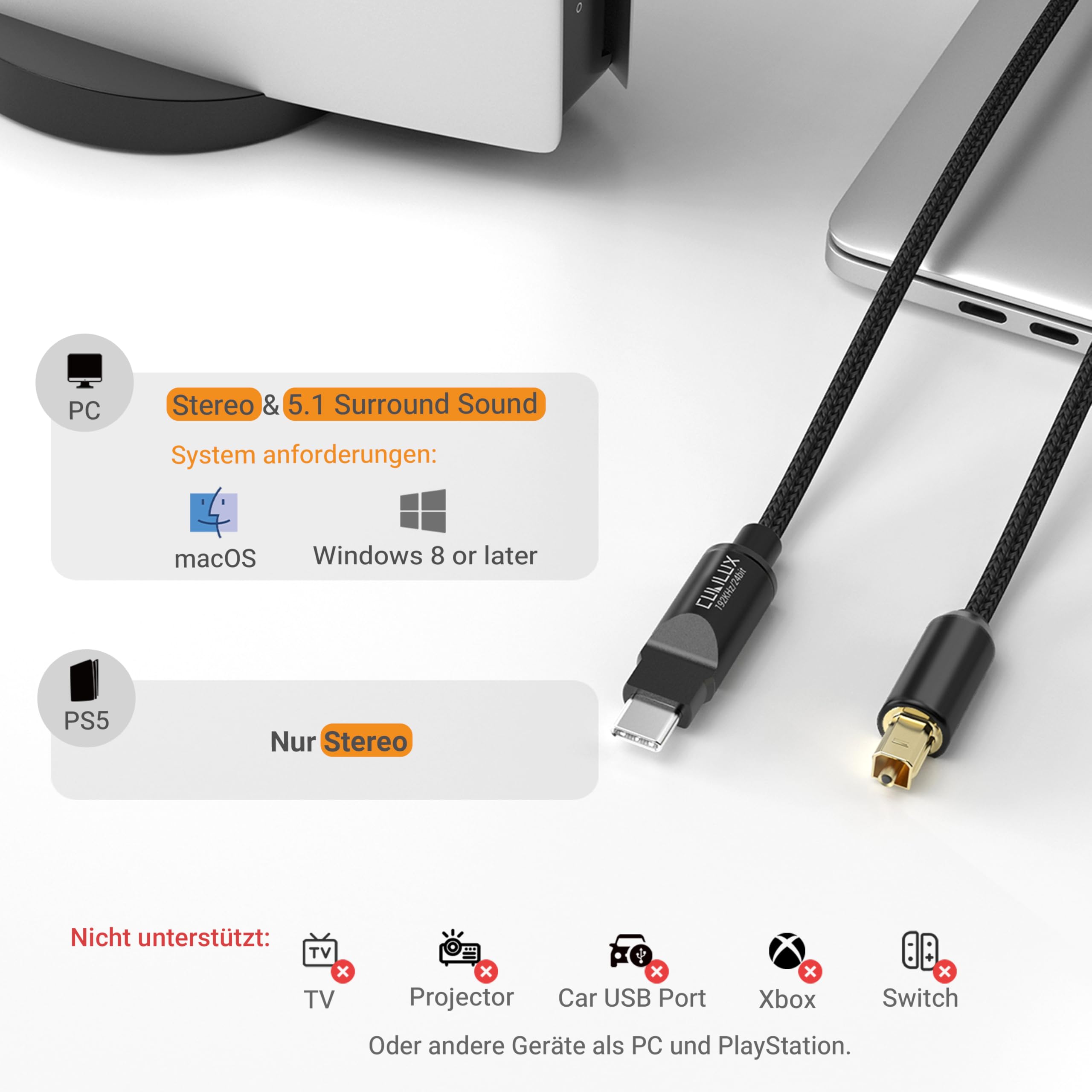 Cubilux USB C auf TOSLINK optisches Audiokabel, unidirektionaler Type C auf SPDIF S/PDIF Transmitter für Computer, MacBook und PS5, 6,6 Fuß