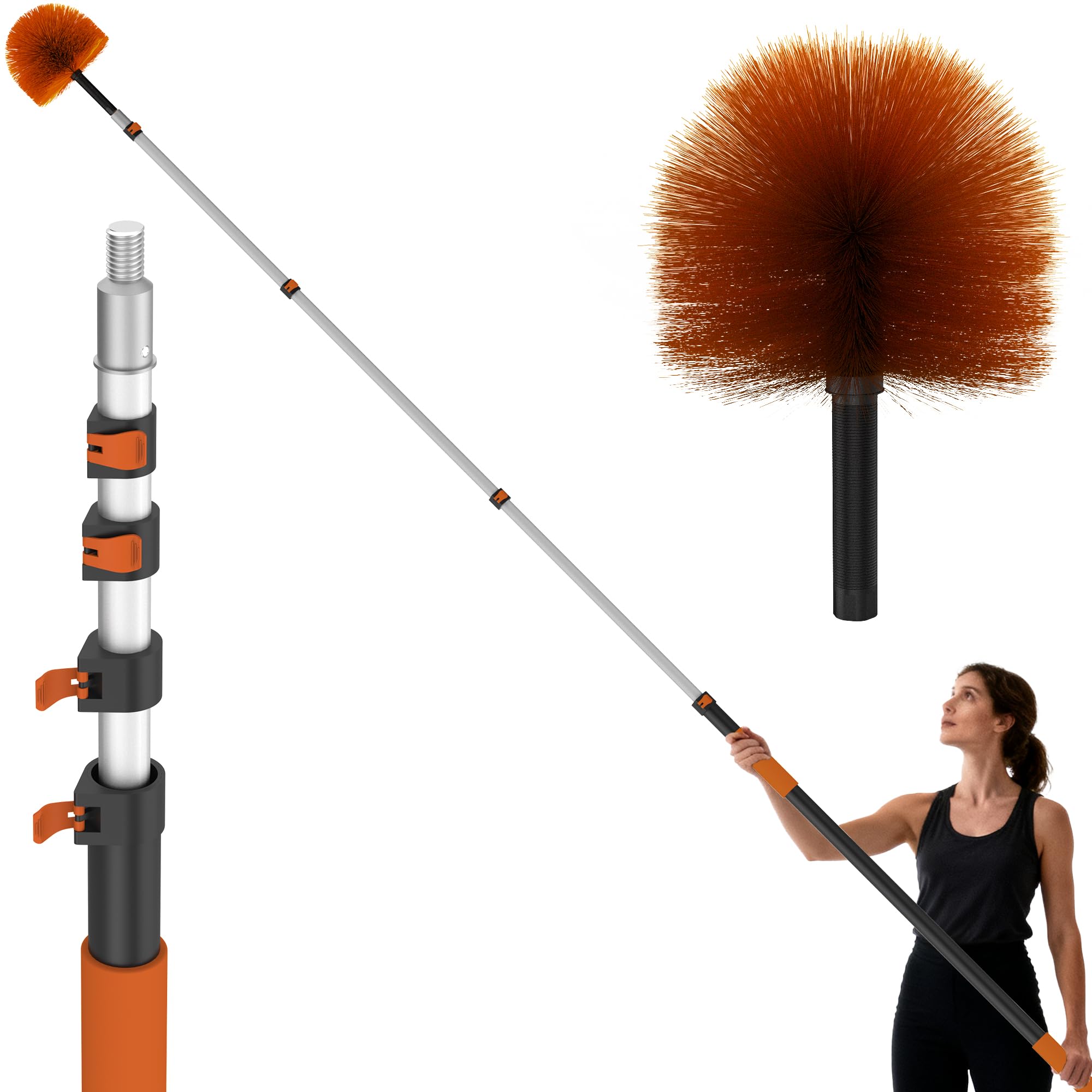 26 FT Cobweb Duster with Extension Pole, Cobweb Duster with 5-20FT Telescoping Extension Pole, Cleans Spider Webs, Washable & Reusable for High
