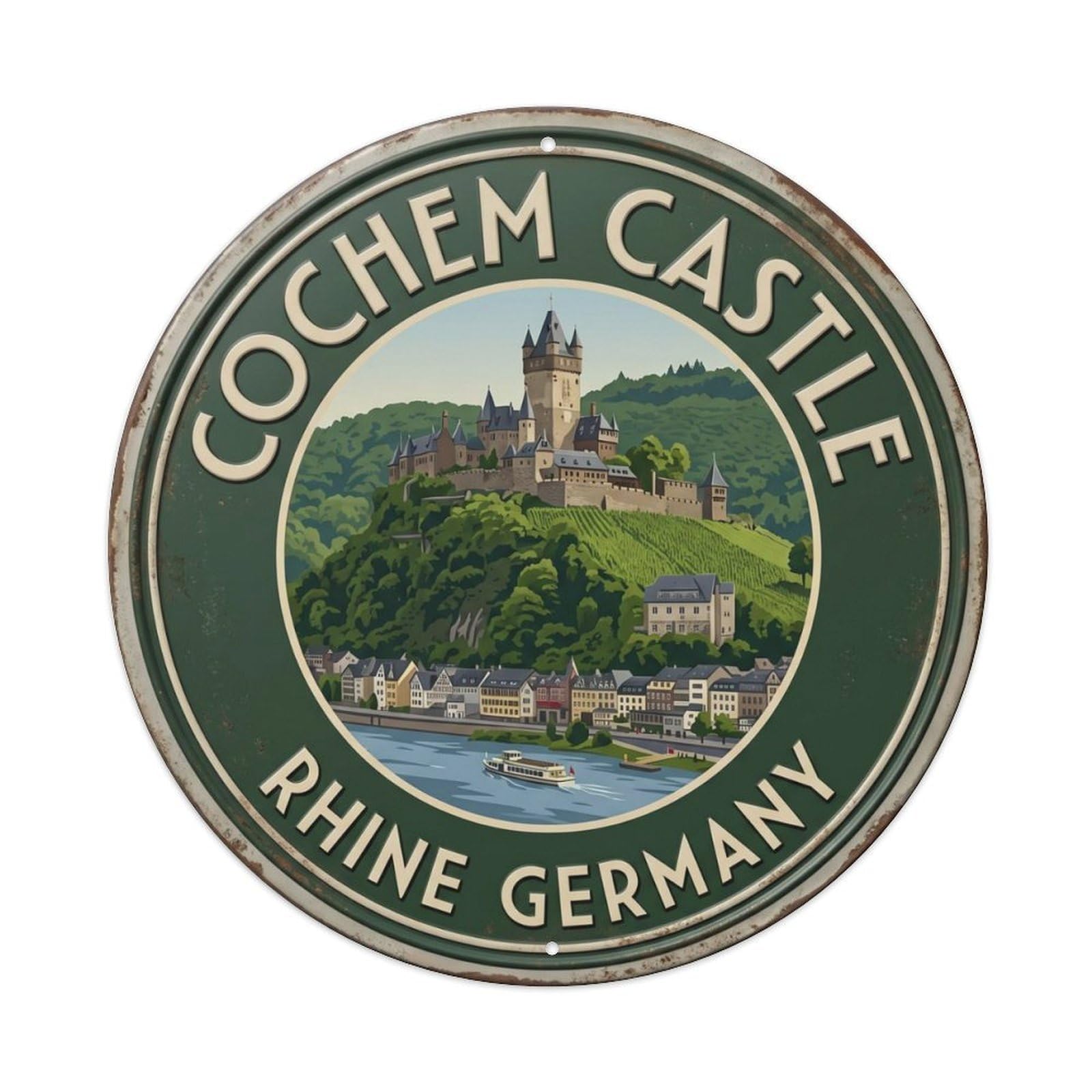 Cochem Castle Rhine Germany Valley Metal Tin Sign Plaque Wall Decor for Cafe, Club Bar, Office, Home Garden Round Metal Poster 8x8Inch
