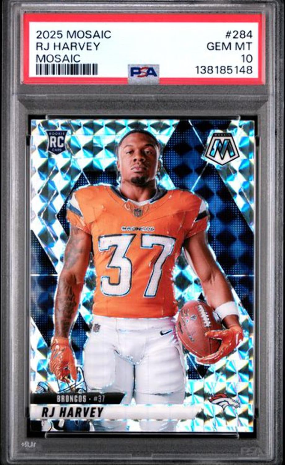 Graded 2025 Panini Mosaic RJ Harvey #284 Mosaic Variation Rookie RC Football Card PSA 10 Gem Mint