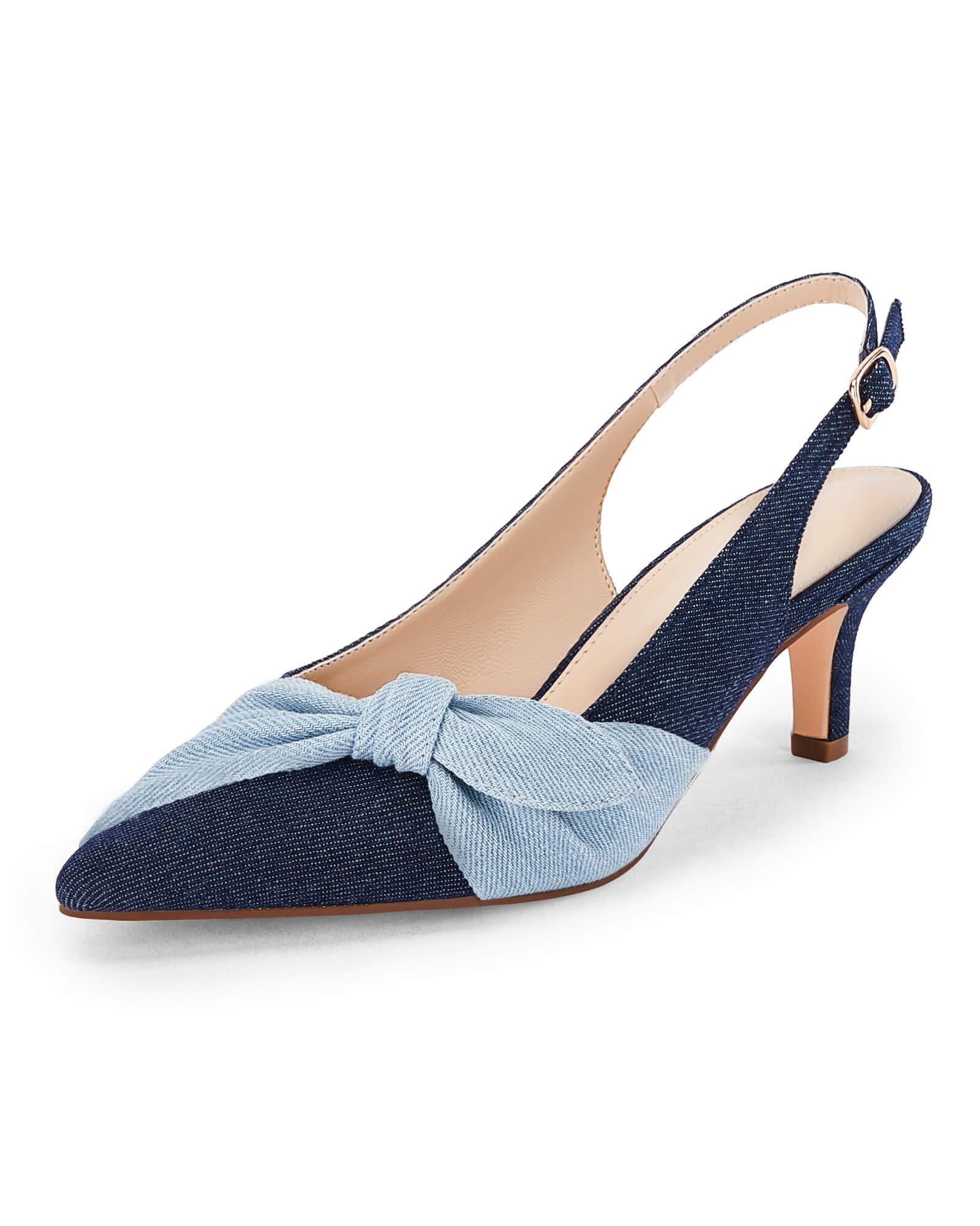 CoutgoWomen's Denim Low Kitten Heels Pumps Closed Pointed Toe Side Knot Slingbacks Dress Shoes