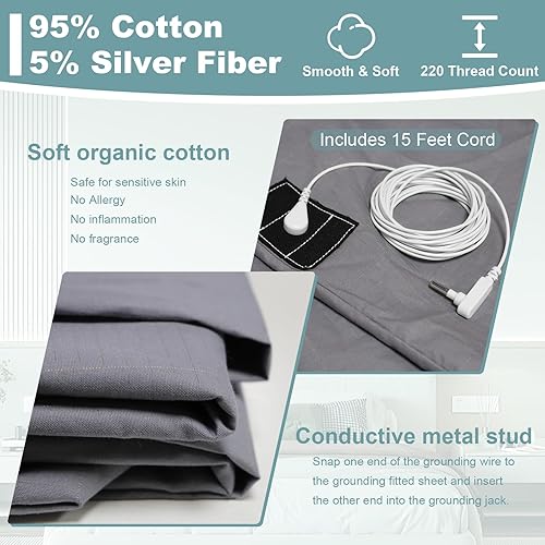 Miniatura 4 de Grounding Sheets King - Sábana bajera ajustable de 76 x 80 x 15 pulgadas, 10% fibra plateada pura, sábanas bajeras para mejorar el sueño y el