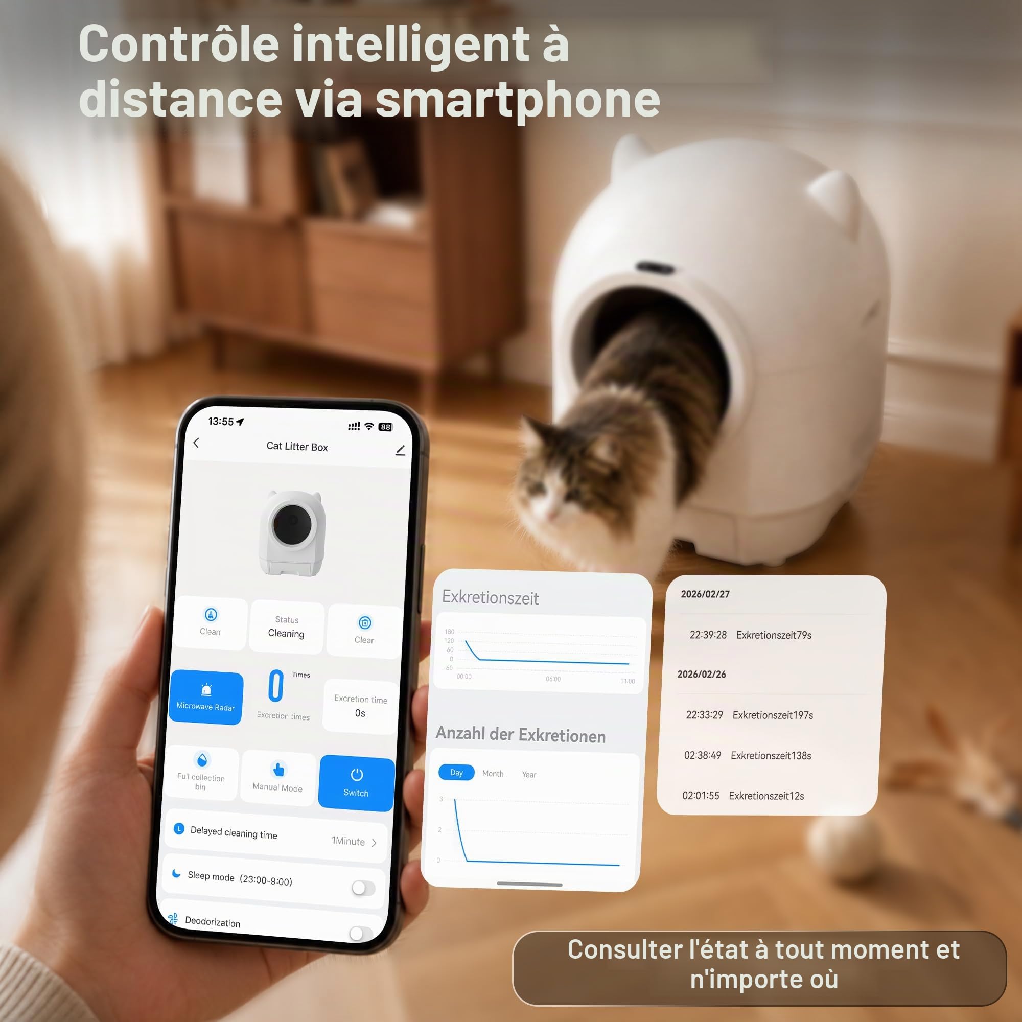 JUMMICO Litière pour Chat Autonettoyante, 90L XXL Litière Chat Autonettoyante, Double Système Anti-Odeur Et Systèmes De Sécurité Multiples, Contrôle À Distance Via App, Idéal pour Foyers Multi-Chats