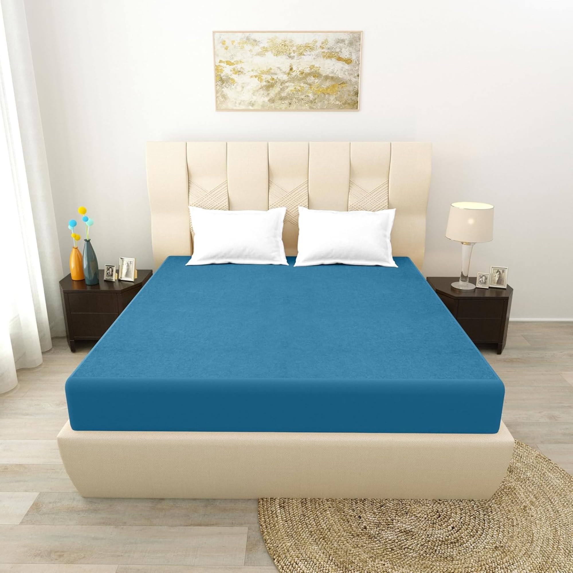 SAFTY 100% Waterproof Mattress Protector Double Bed | Breathable & Urine Proof Mattress Cover Double Bed | Soft Terry Cotton Elastic Fitted Bed Protector | Bed Cover | 6x6.25 Ft | 72x75 Inch Sky Blue-image-49