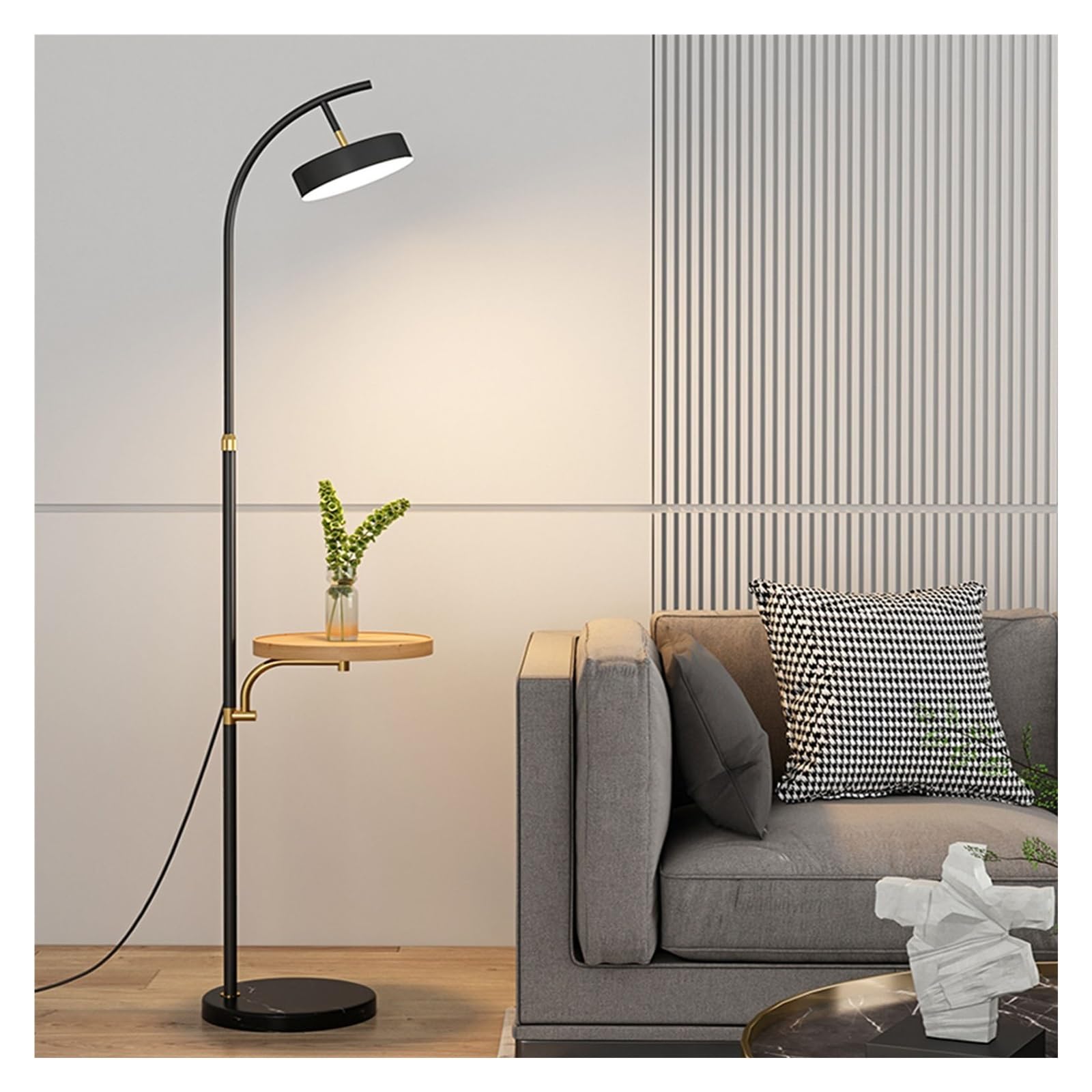 E7v2t9k6 Natural Standard Lamp Floor Lamp With Table Attached Marble Arched Curved Tall Shelf Standing For Living Room, Office, 360° Rotatable Shade Corner