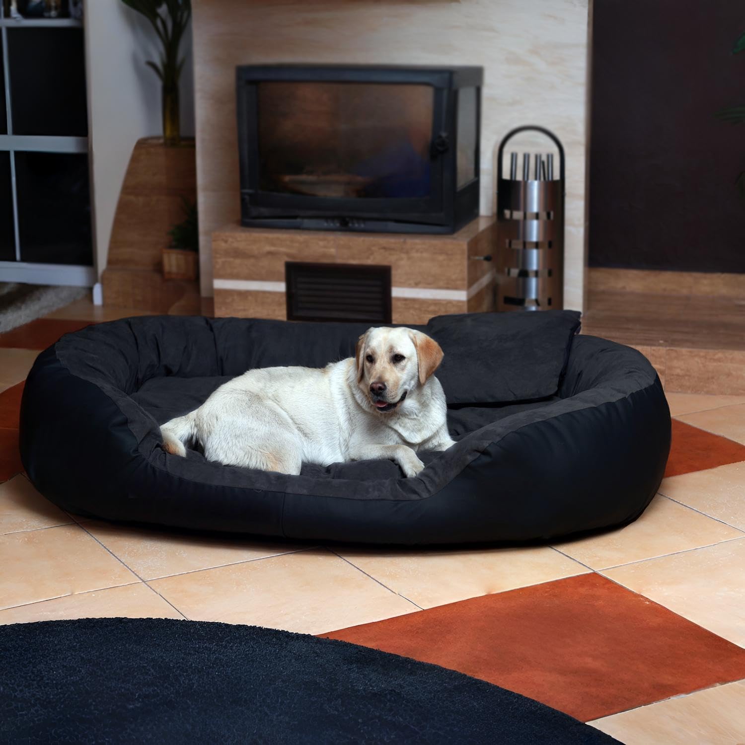 tierlando® Philip VIP Hundebett aus edlem Velours-Kunstleder-Mix mit bequemer Wendematratze, pflegeleichtem Bezug und Stabiler Polsterung Größe: 110x80cm | Farbe: 03 Schwarz