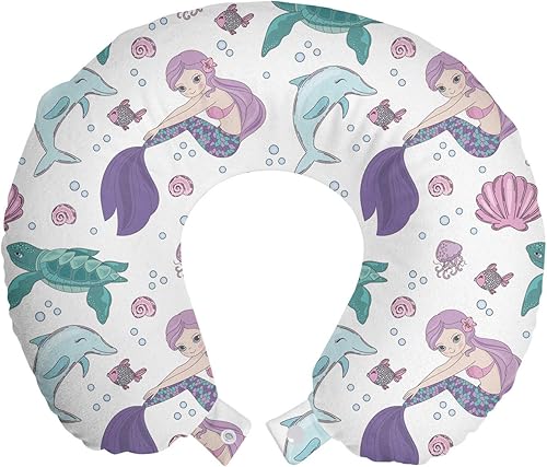 Lunarable Almohada de viaje subacuática para el cuello, diseño de sirena, dibujos animados, delfín, pez, tortuga marina y conchas marinas, accesorio