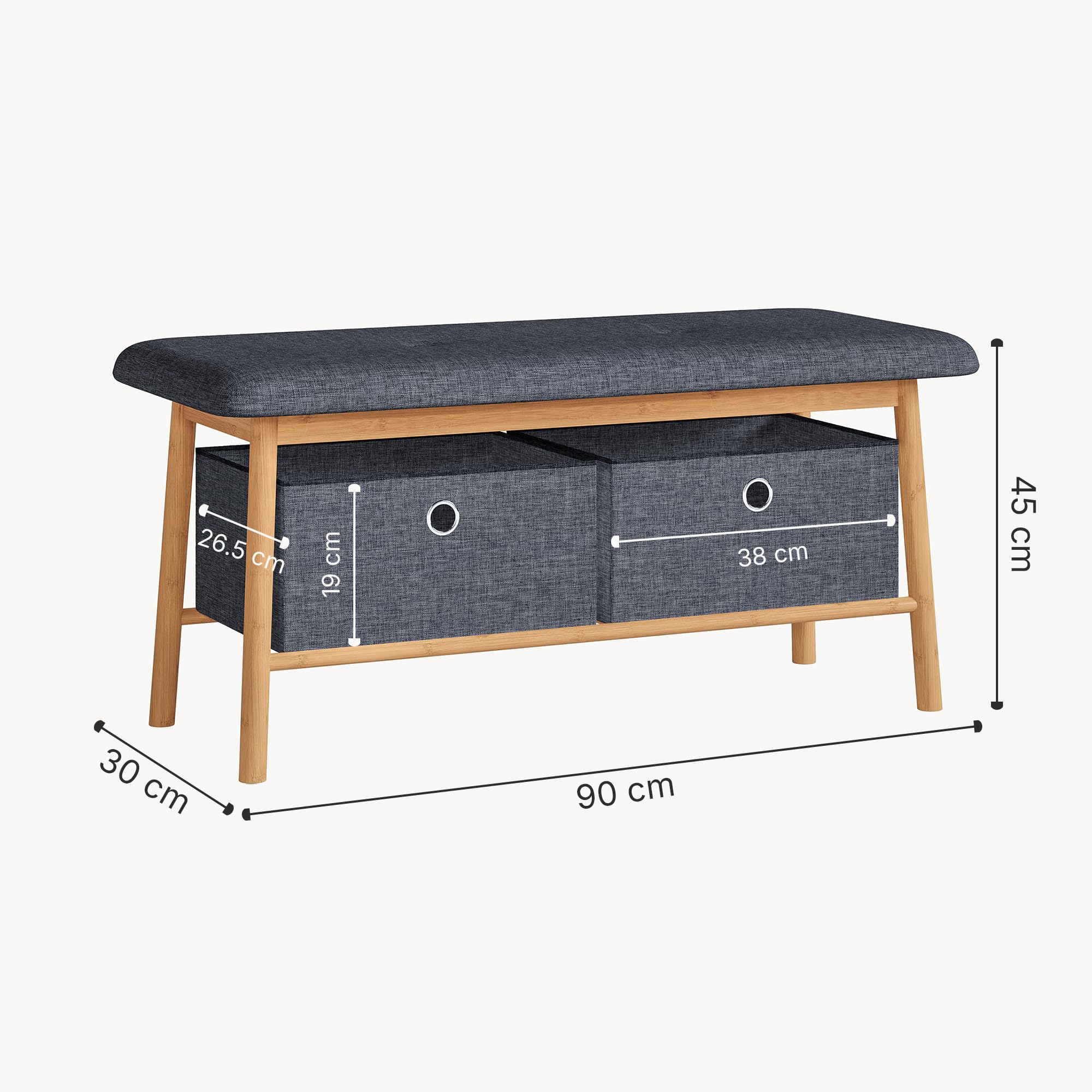 [en.casa] Panca da Scarpe con 2 Contenitori Scarpiera con Seduta Imbottita e 2 Scatole Porta Oggetti Scarpe Borse per Ingresso Corridoio 90 x 30 x 45 cm - Bambù Naturale/Grigio