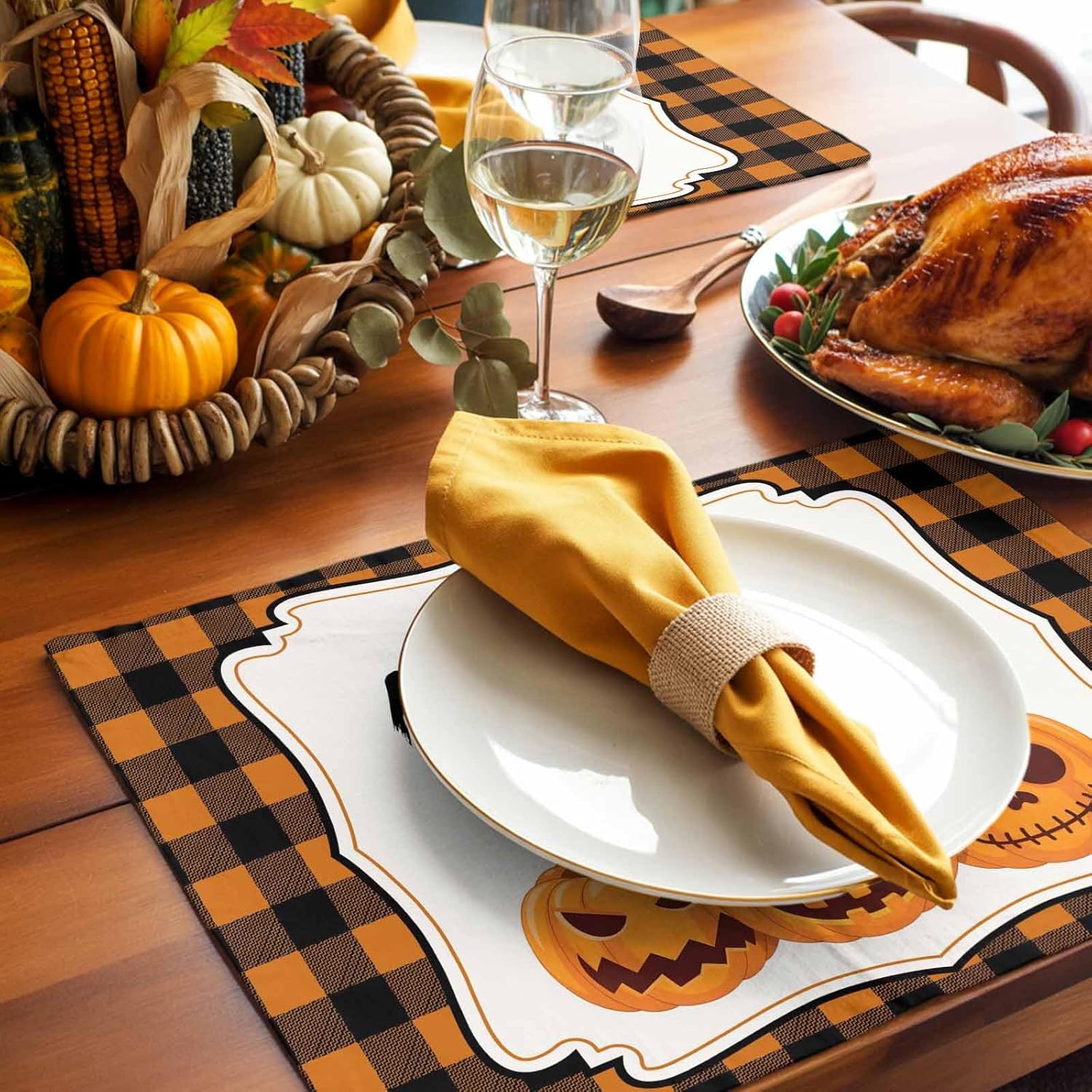 LooPoP Placemats Set of 4 Washable,Wicked Pumpkin Orange Placemat for Dining Table Decorations, Heat-Proof Table Mats for Kitchen Dinner Banquet Halloween Buffalo Check