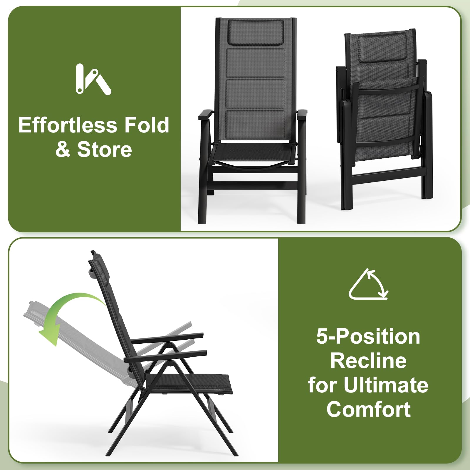 JUMMICO Fauteuil de Jardin Extérieur en Aluminium｜7 Positions Réglables, Dossier Haut｜Design Pliant et Portable｜Idéal pour Balcon, Jardin, Terrasse et Espaces Extérieurs｜Lot de 2