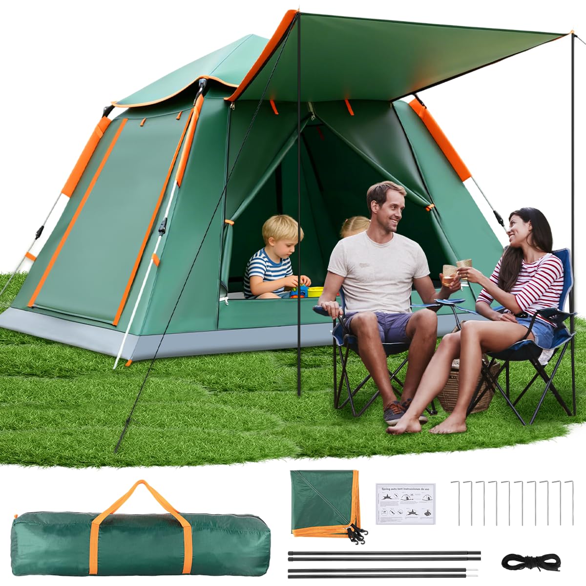 Casa de Campaña para 2-4 Personas con Vestíbulo, 210*210*140 cm Tienda de Campaña Montaje Rápido Automática, Casa de Acampar Impermeable Portátil, Carpa 2 Puertas, Bolsa Transporte, Exteriores,Picnic