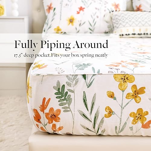 Miniatura 4 de Lady Ann Sábanas florales 100% algodón para cama tamaño King, flores y plantas verdes, algodón botánico de lujo, estampado floral, sábana tamaño