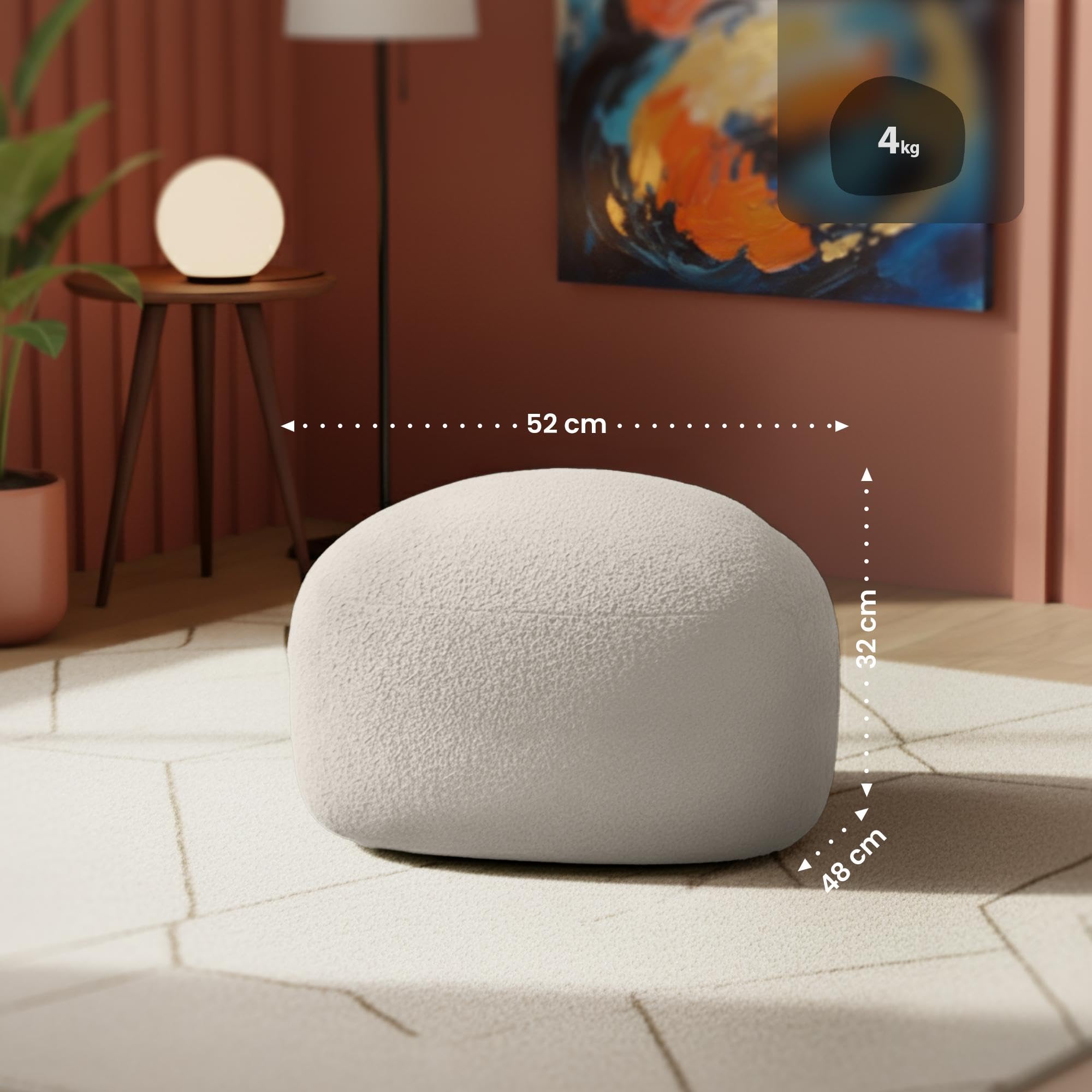 CLP Pouf ovale Alfrisa, pouf imbottito in tessuto Teddy, poggiapiedi imbottito per soggiorno e camera da letto, struttura in legno stabile, Colore:crema