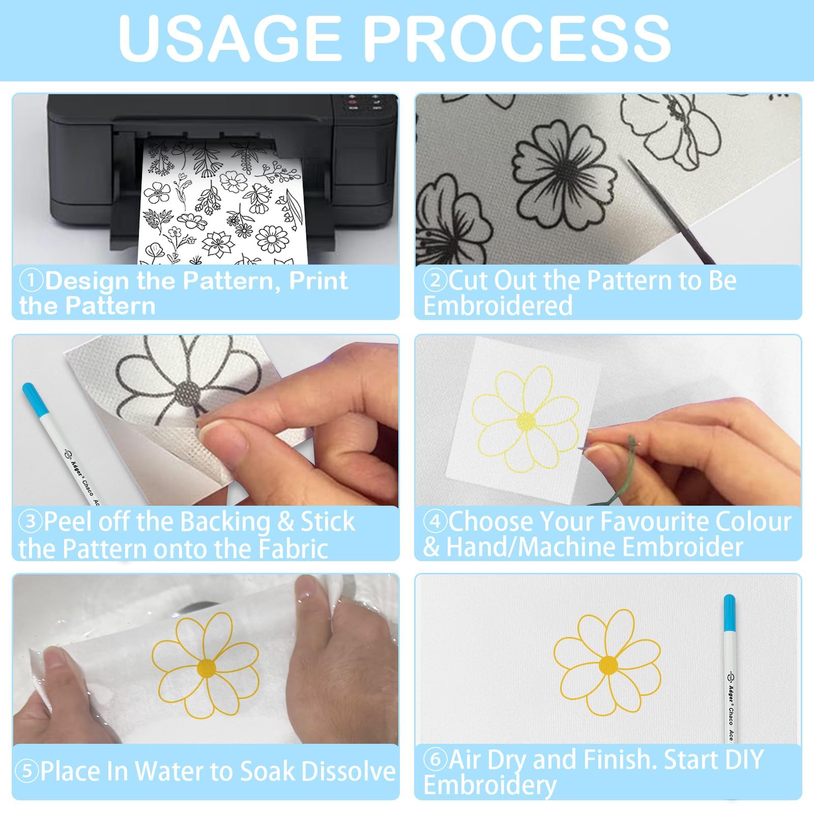 6Pcs Water Soluble Paper for Embroidery, Embroidery Stickers for Stitching, DIY Automatic Disappearing Pen, A4 Self-Adhesive Water Soluble Paper, 6 Sheets + 1 Pen, for Beginners and DIY Enthusiasts 4