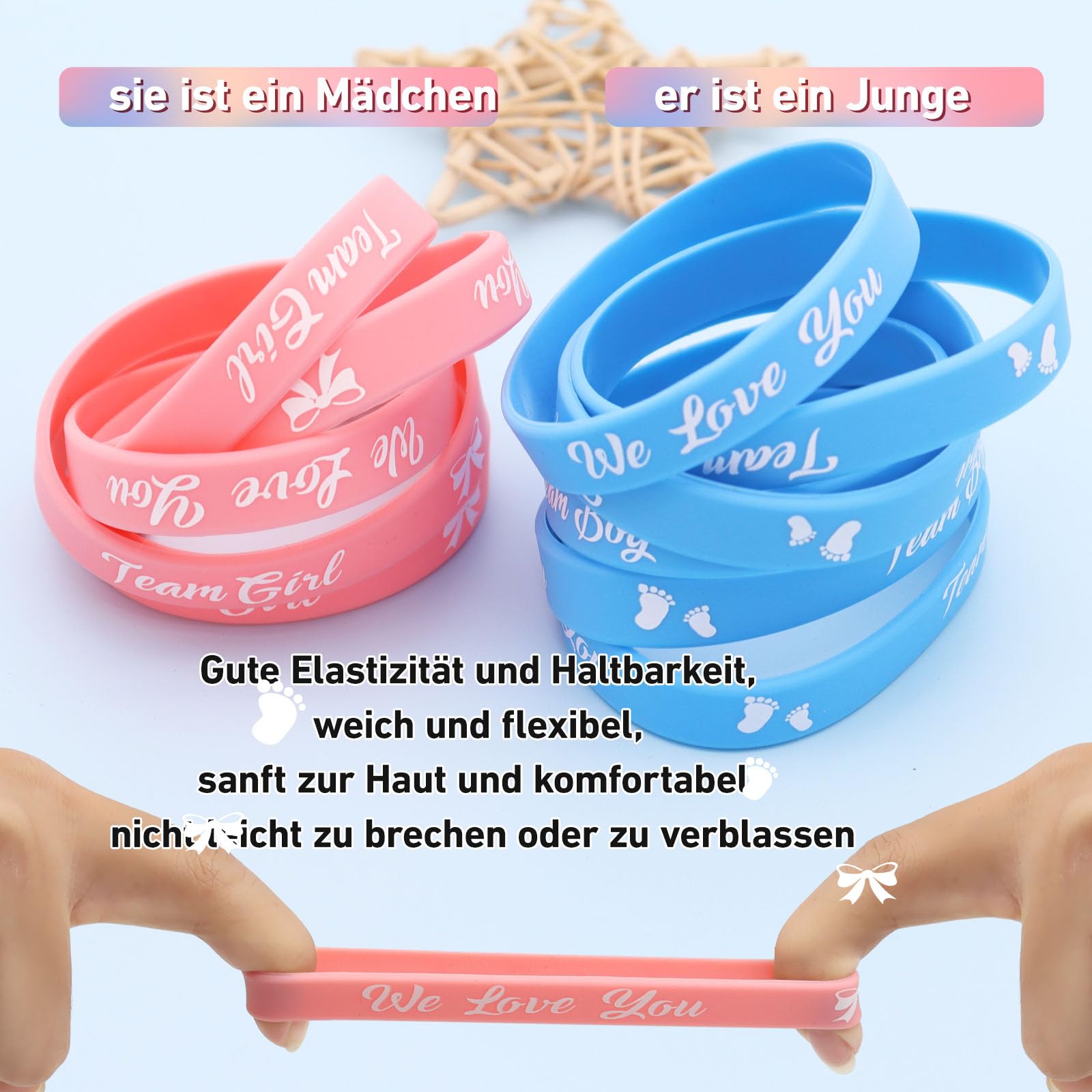 Gender Reveal Armbänder, 50 Stück – Team Boy & Team Girl, Aus PVC Für Babyparty & Enthüllungsparty