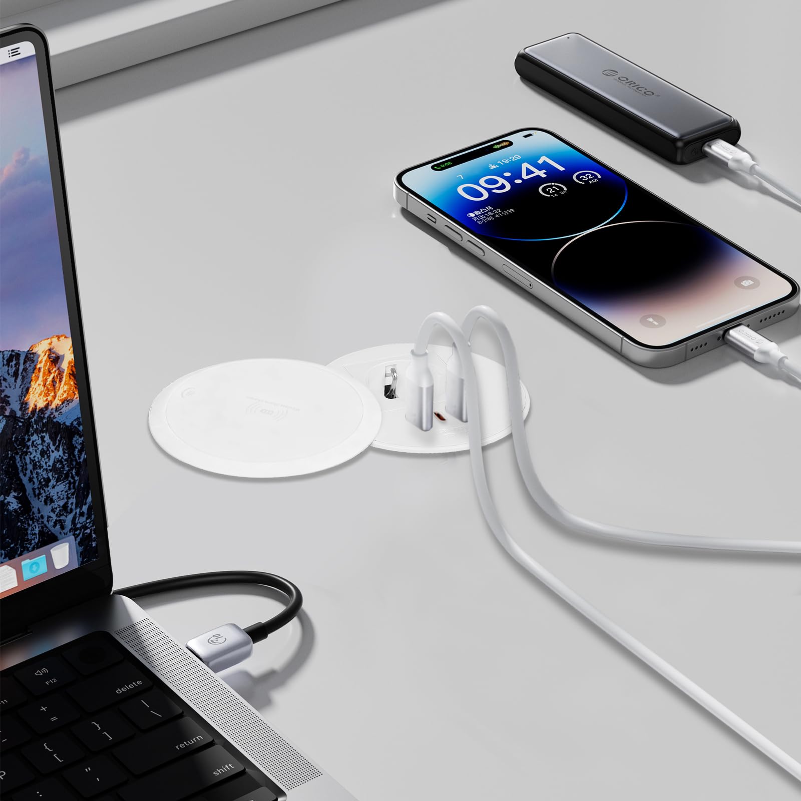 Presa da tavolo con USB C+USB A, presa da incasso, prolunga da incasso con cavo da 1,8 m, presa desktop, prese incassate, 1 tipo C, 2 USB A passaggio cavo, (Bianco con ricarica wireless)