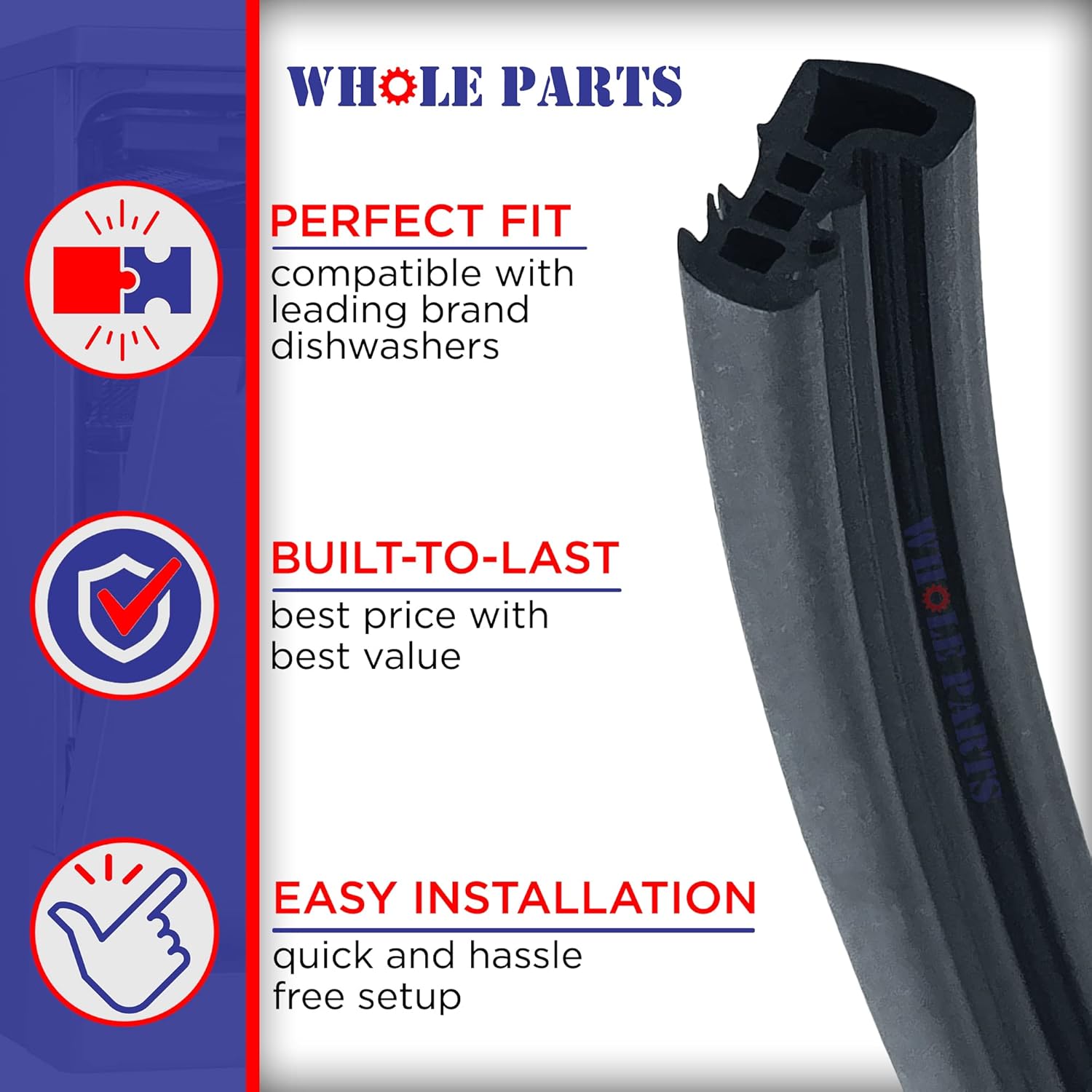 Upgraded Whole Parts Dishwasher Door Seal Part # 117158011 - Replacement & Compatible With Some Frigidaire and Electrolux Dishwashers